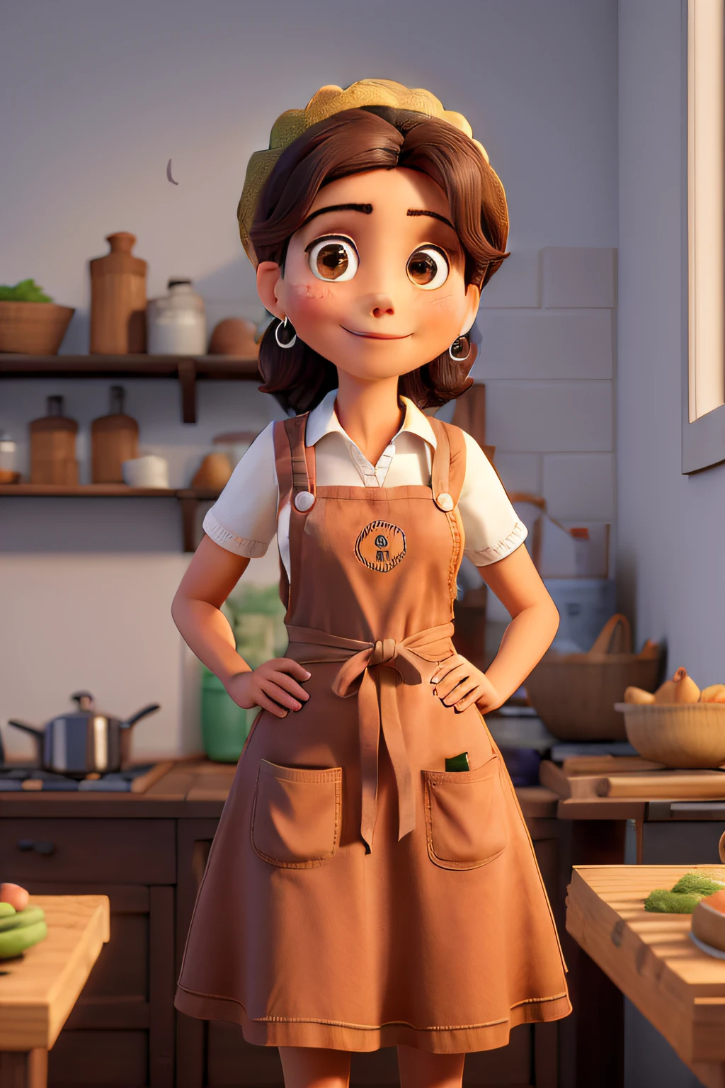 A girl in a cafe sits on a desk , , apron on the belt, thin face, , nipples are visible, big nipples, transparent t-shirt , wet t-shirt, big nipples,