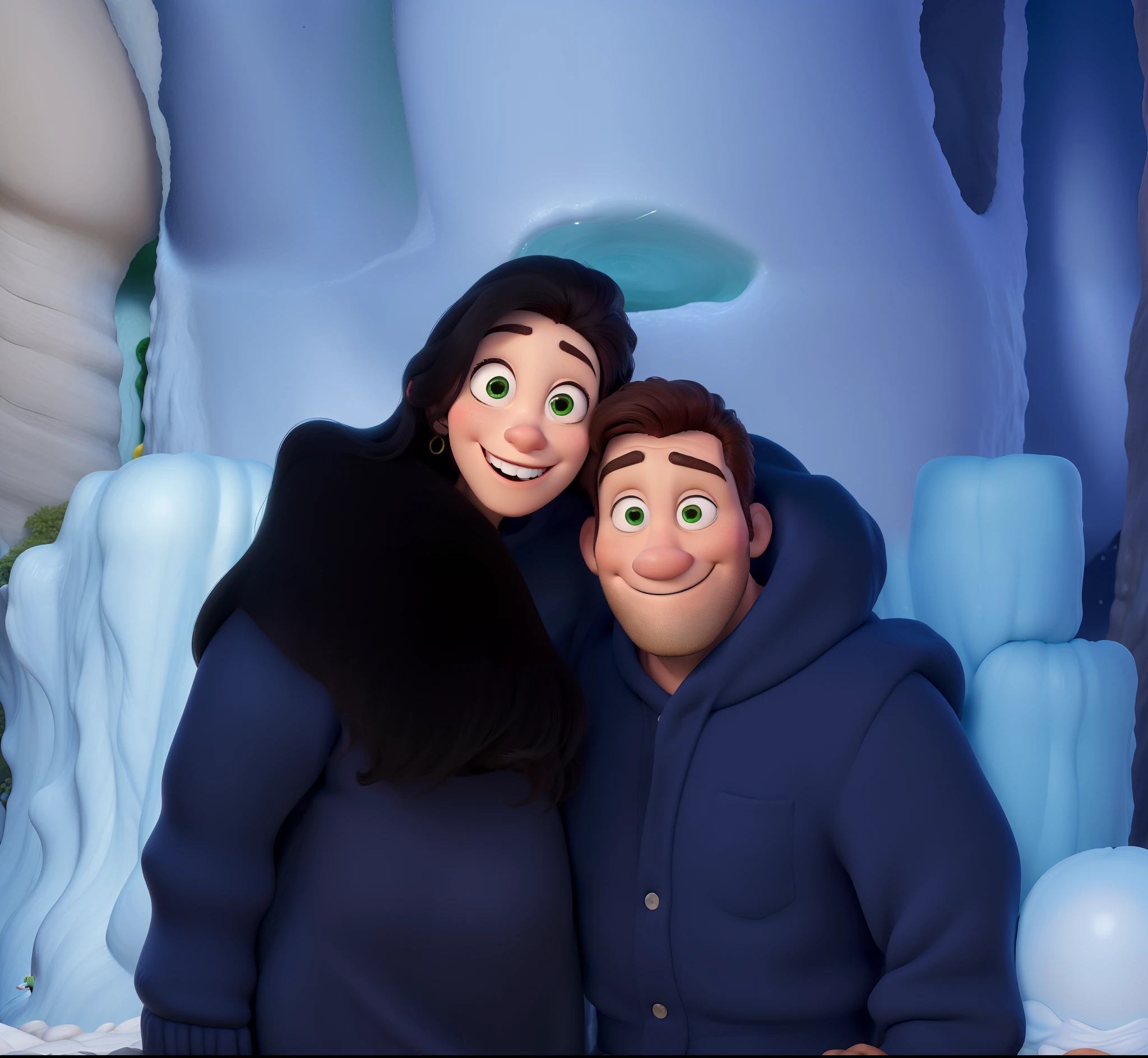 Desenho animado da Disney Pixar cartoon, alta qualidade, Casal apaixonado, homem loiro olhos verdes sentado, mulher morena longos cabelos pretos olhos puxados pretos. Beautiful woman standing hugging her husband. Caverna de gelo, frio banco de gelo.