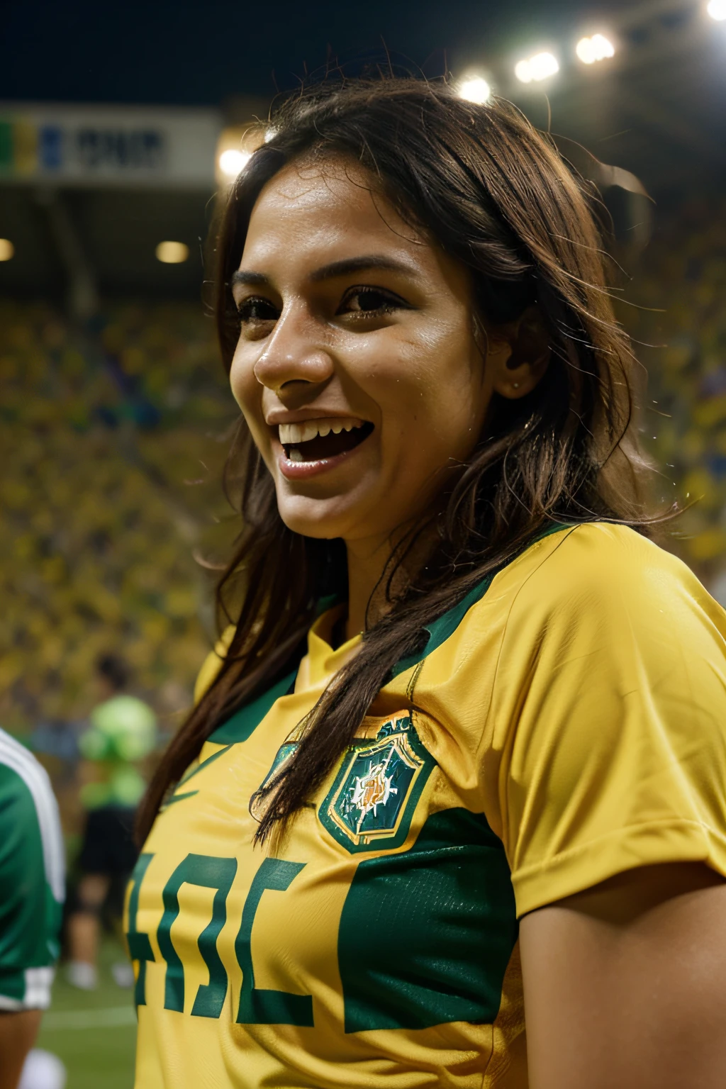 --- **Task Title: Capturing the Thrill of a Brazilian National Soccer Team Goal at the End of the Game* * **Task Description:** We want to create an image that captures the intense emotion and joy of a goal scored by the Brazilian national football team at the end of a match. The image should convey the passion of the Brazilian fans and the energy of the moment. **Requisitos de Imagem:** 1. **
