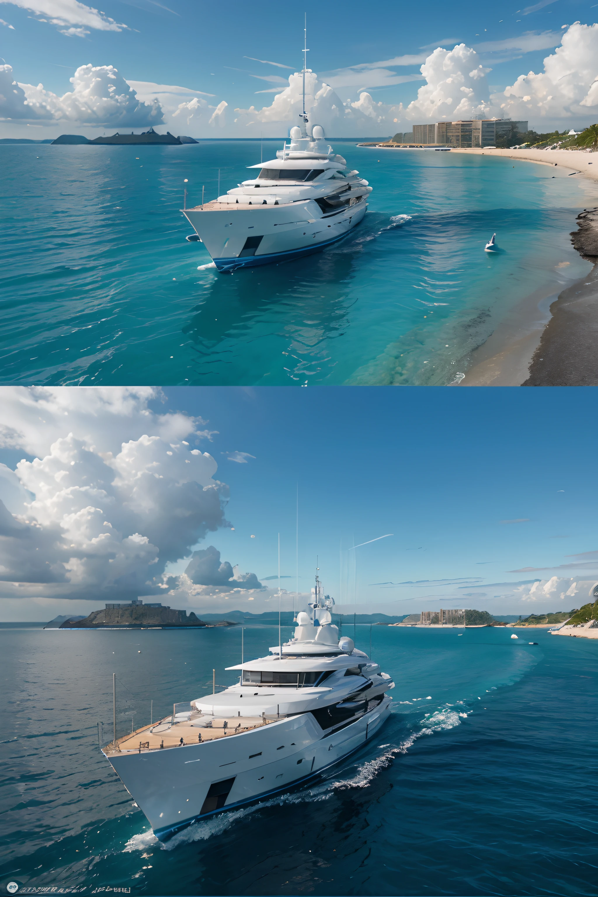 hyperdetailed futuristic 75 meter yacht :: a beautiful bay with azure water on the white beach :: against the backdrop of future glass houses structures :: hyperrealism + cinematick + hyperrealism