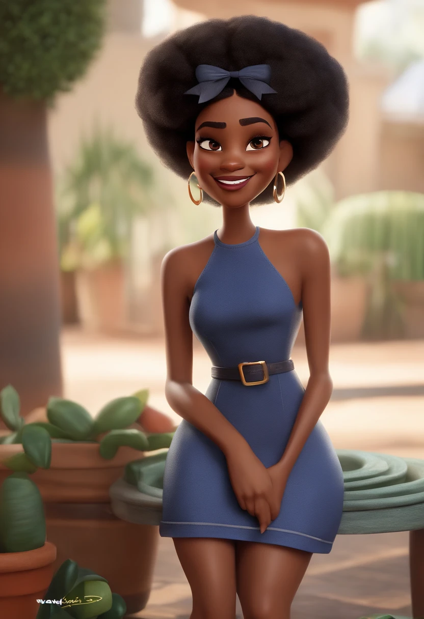 Um filme inspirado na Disney Pixar (35-YEAR-OLD BLACK WOMAN WITH SHORT, STRAIGHT, BLACK HAIR AND SHAVED ON THE SIDES with thin vision glasses and round nose and white teeth) dentro A cena estar na arte distinta do estilo PIXAR, descolada e estilosa