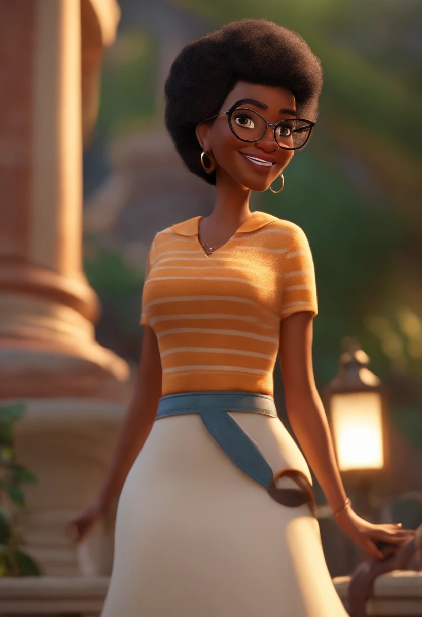 personagem dos desenhos animados de uma mulher com cabelos afro preto na altura dos ombros, magra,com um grande sorriso,usando vestido vermelho com um pano por cima dos ombros, nariz pequeno e fino, animation character, Caractere estilizado, animation style rendering, 3D estilizado, Arnold Maya render, 3 d render stylized, toon render keyshot, Personagem 3D, Personagem 3D, 3d rendering stylized, 3 d character render, personagem de desenho animado, Personagem de close up, Pose de personagem, (Estilo Pixar) (master part:1.2) (Bokeh) (best quality) (pele detalhada) (textura detalhada) (8k) (argila) (Cinematic lighting) (foco nítido