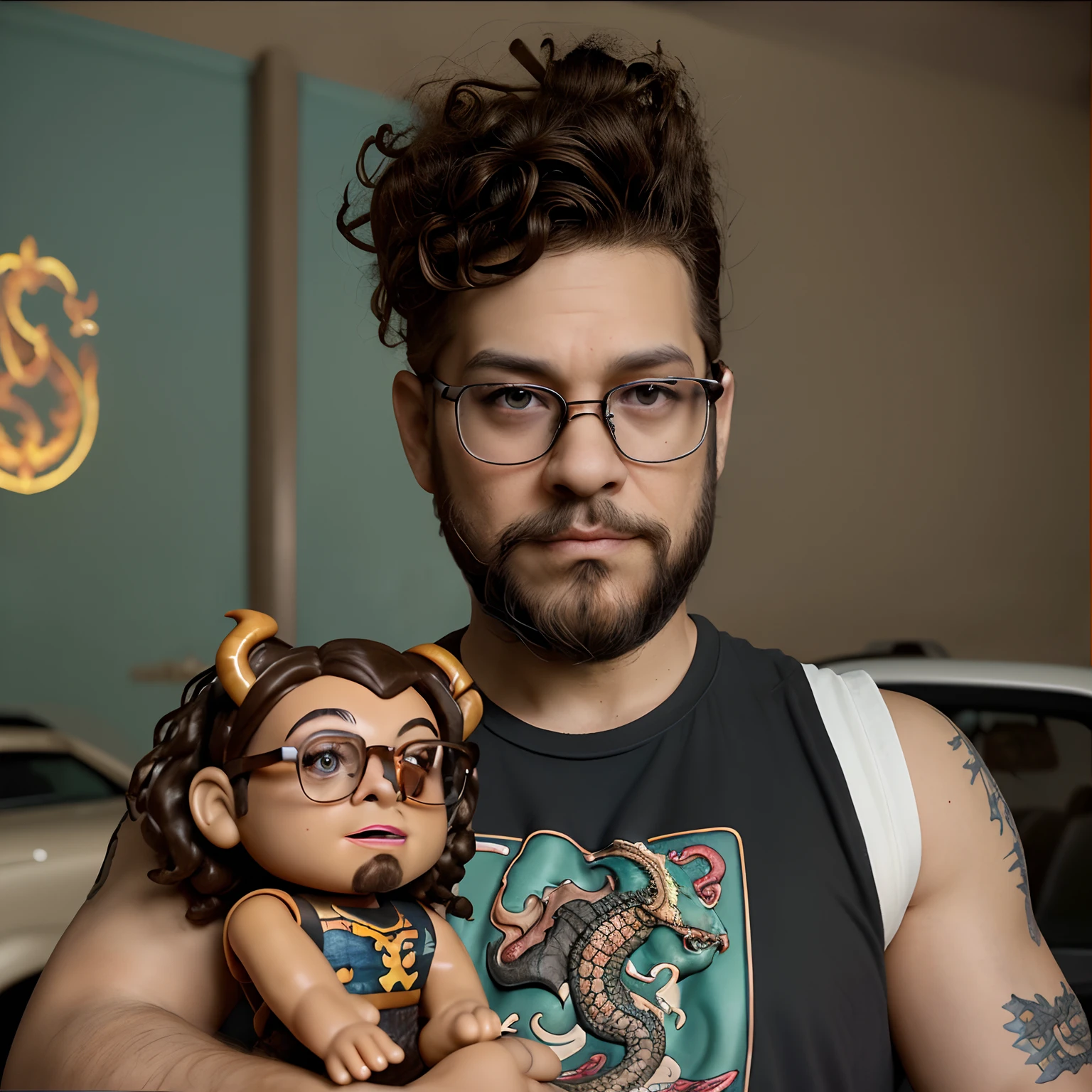 Disney Style Doll Man Brunette Mulatto Curly Hair Short Light Brown Eyes With Glasses Square With Beard And Pigode With Dragon Tattoo On Right Arm In The Shape Of A Dragon On The Arm Behind A Car Wolvagene Square Goal 86 Year Old