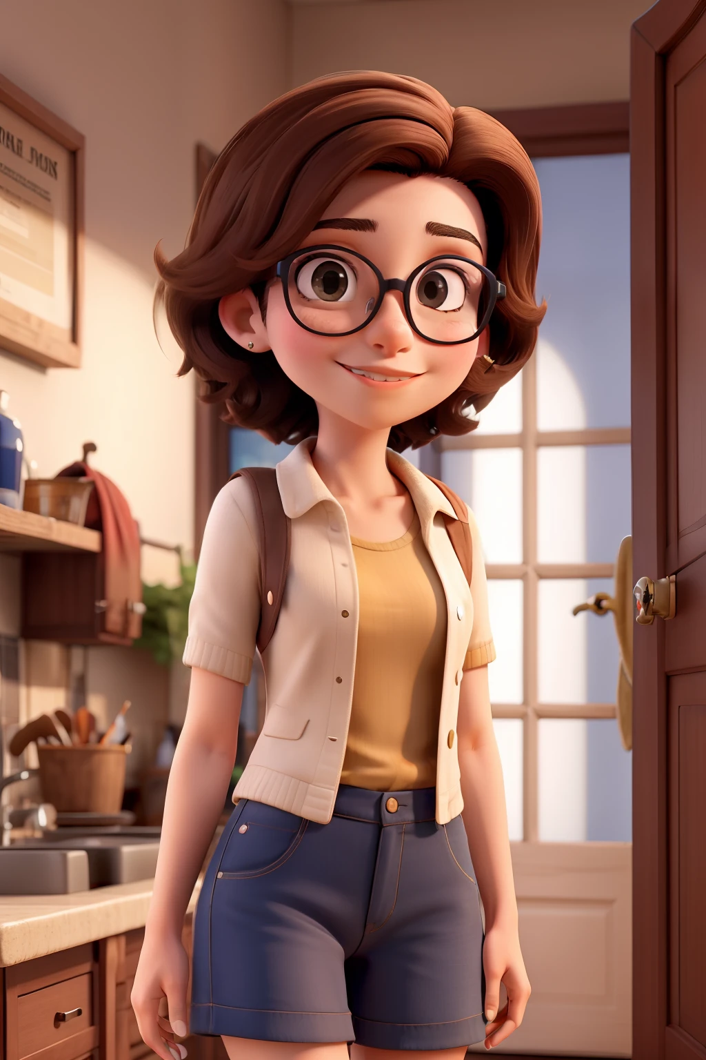Obra-prima, de melhor qualidade, A young brunette with short straight hair and glasses
