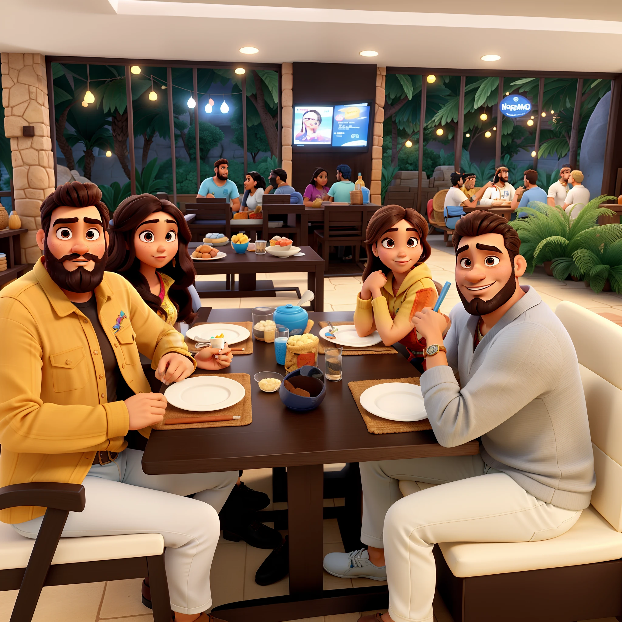 Uma mulher morena, uma mulher loira, um homem com barba e outro homem com cavanhaque, estilo disney pixar, alta qualidade, melhor qualidade.