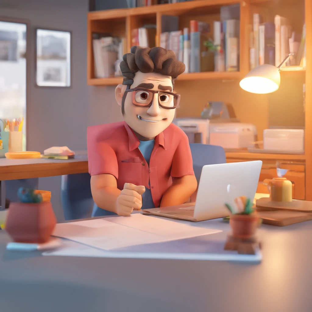 Criar um personagem no estilo Pixar. Trata-se de um homem de 30 anos, com barba, Branco, com cabelos castanhos curtos e um quiff, e olhos castanhos. Ele deve estar na frente de um computador, Trabalhar como designer