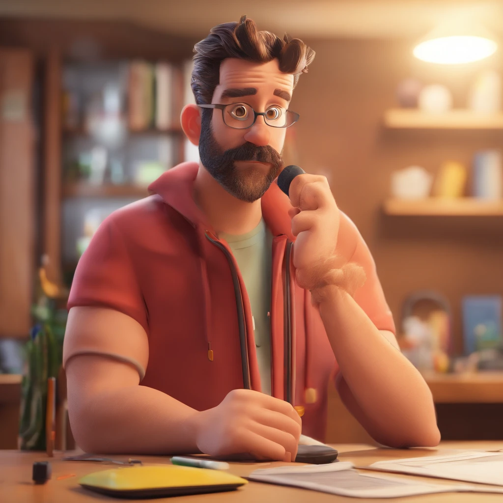 Criar um personagem no estilo Pixar. Trata-se de um homem de 30 anos, com barba, Branco, com cabelos castanhos curtos e um quiff, e olhos castanhos. Ele deve estar na frente de um computador, Trabalhar como designer