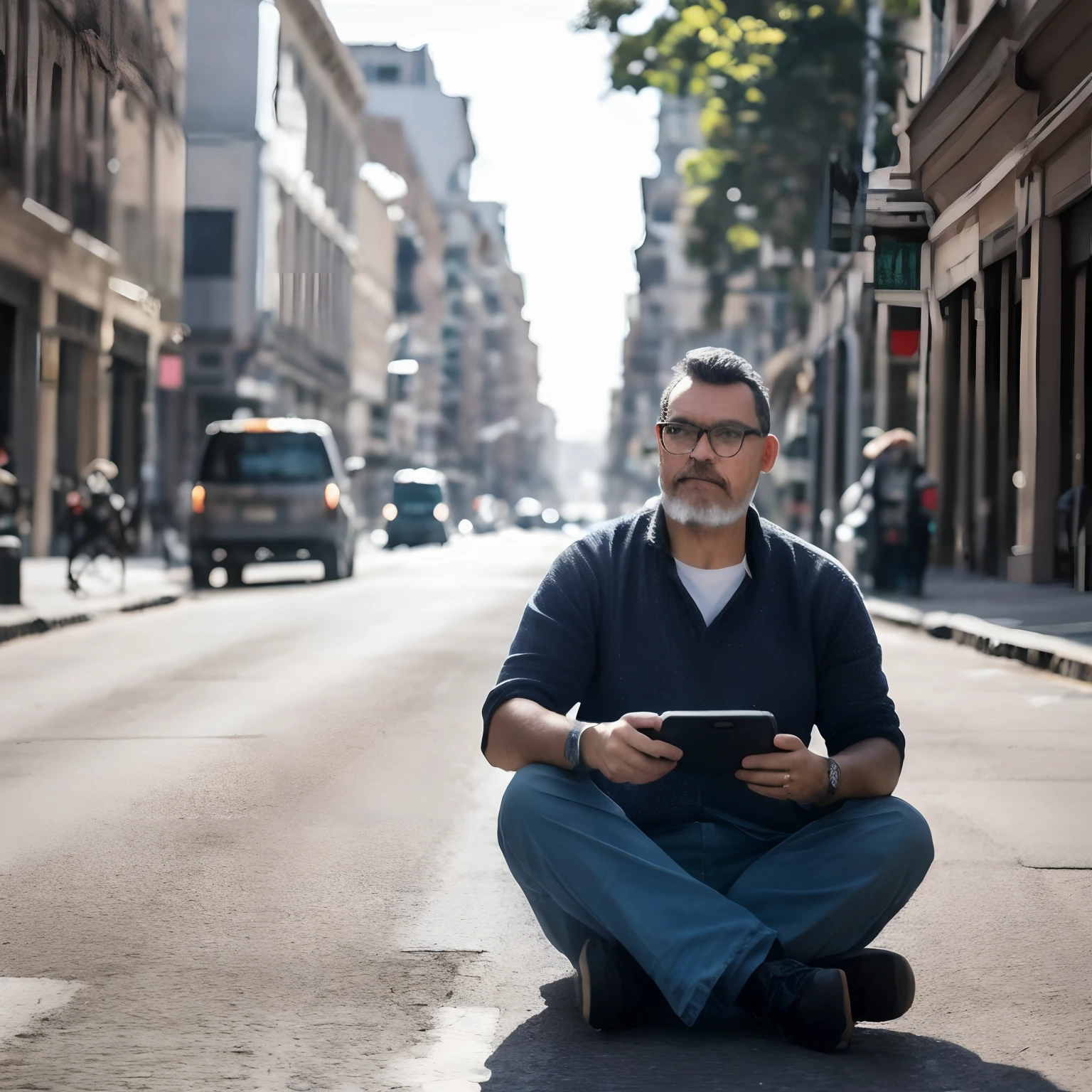 guttojugg1, half-body photo of bearded guy with glasses, sit in middle of street, ((bokeh luz)), intrincado, (steel metal [descansar]), elegante, foco nítido, Foto tirada por Greg Rutkowski, soft lighting, cores vibrantes, (master part), ((Ruas)), (Rosto detalhado:1.2)