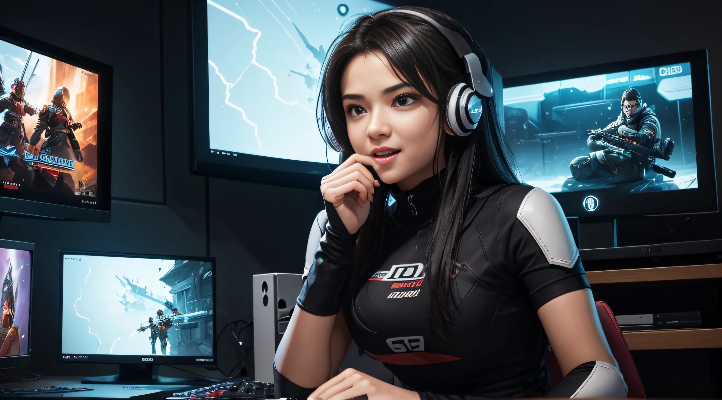 A man finds himself in front of his gaming computer, immersed in the gameplay of his favorite game, showing an expression of pure fun and enthusiasm. She is engaged in the game, her eyes shining with excitement, expressing joy and intense concentration as she enjoys the experience. Her gestures reflect her interaction with the game, conveying an atmosphere of pure fun and immersion in the virtual adventure.