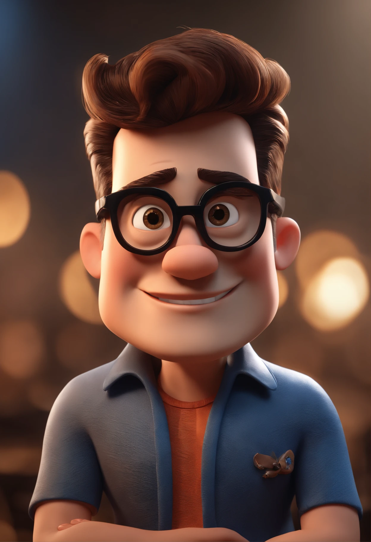 Cartoon character of a man with black glasses and a blue shirt, animation character, Caractere estilizado, animation style rendering, 3D estilizado, Arnold Maya render, 3 d render stylized, toon render keyshot, Personagem 3D, Personagem 3D, 3d rendering stylized, 3 d character render, personagem de desenho animado, Personagem de close up, Pose de personagem, (Estilo Pixar) (master part:1.2) (Bokeh) (best quality) (pele detalhada) (textura detalhada) (8k) (argila) (Cinematic lighting) (foco nítido