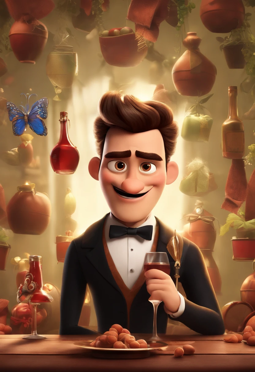 A Disney Pixar-Inspired movie poster with title "(Dan )"."(jovem de 21 anos moreno , olhos preto , cabelo cacheado,vestido terno , com barba  com tarca de.Serious looking wine with evil smile and seductive,  com pouco estilo Cartoon)"The scene should be in the distinct digital art style of pixar, with a focus on character expressions, vibrant colors, and detailed textures that are