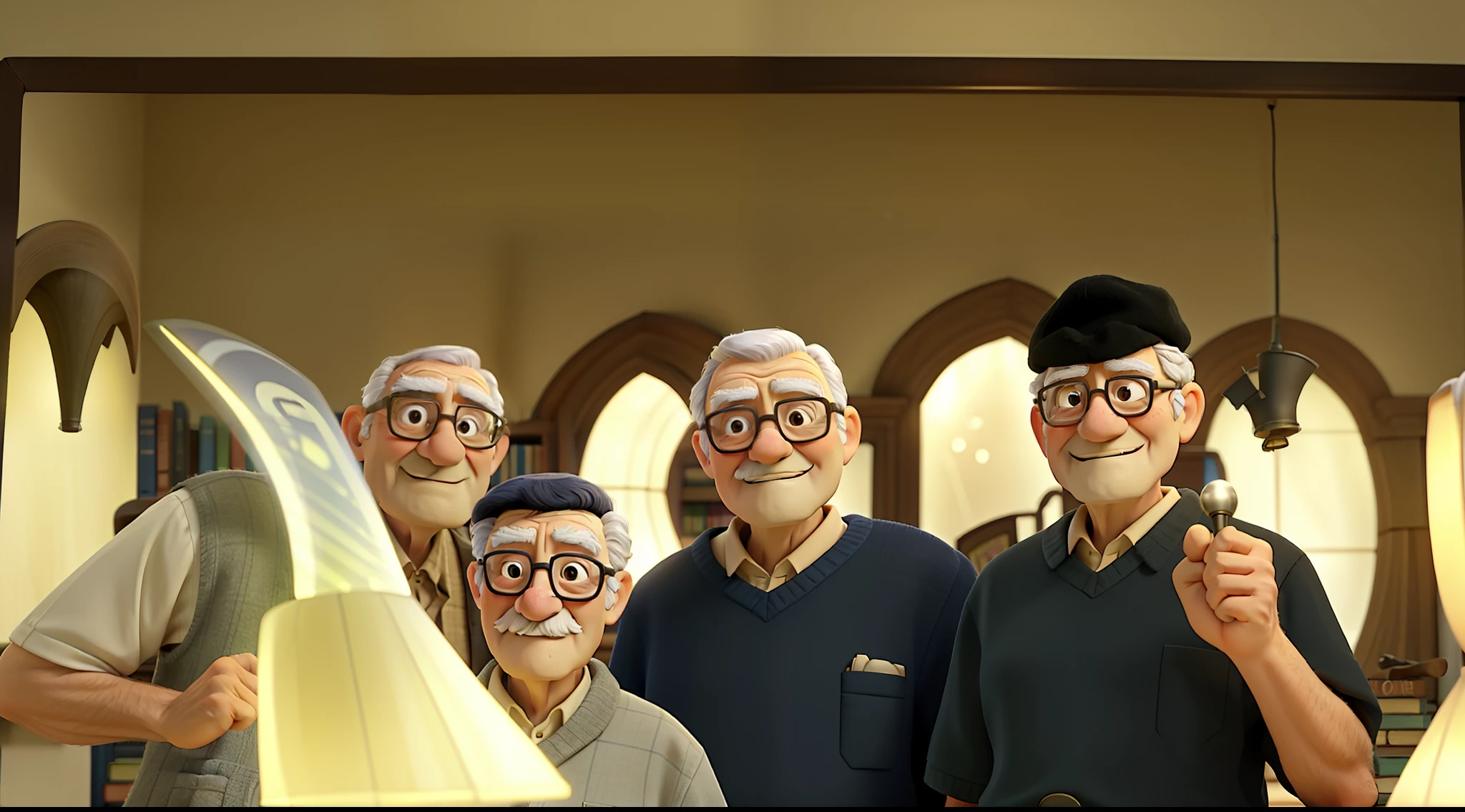 A wise old man standing in front, illuminated by the light of a lamp, against the backdrop of a library