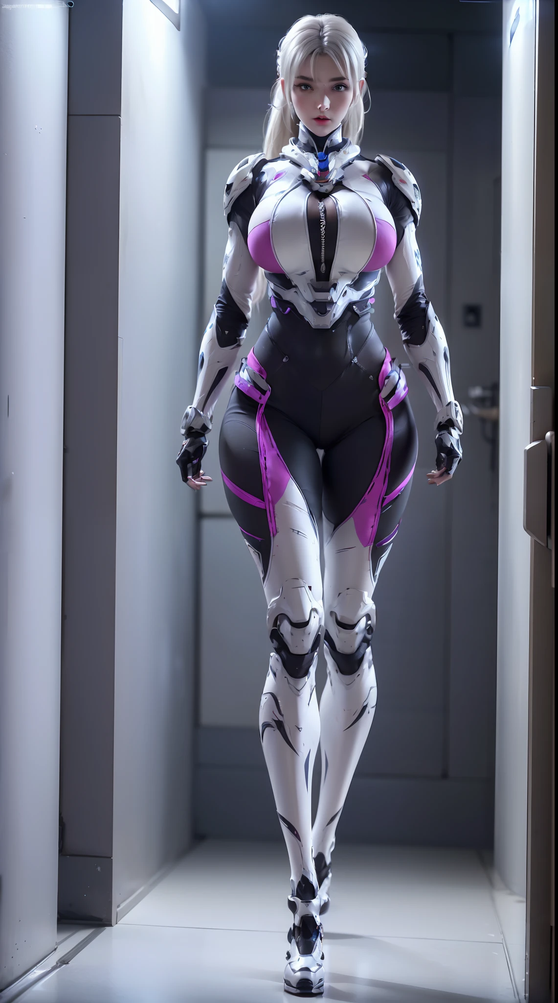 (1GIRL,SOLO:2), (blond ponytail hair:1.1), ((GIGANTIC BREASTS, HUGE FAKE BREASTS:1.5)), (CLEAVAGE TOP:1.5), (MUSCLE ABS FEMALE:1.4), (MECHA GUARD ARMS,MECHA GLOVE:1.4), ((WEAR MAGENTA WHITE OVERWATCH MECHANICAL ARMORED CROPTOP, BLACK MECHANICAL SKINTIGHT SUIT PANTS, MECHA GUARD ARMOR LEGS, HIGH HEELS:1.5)), (MUSCULAR BODY:1.3), (GLOSSY SKIN:0.8), (SEXY LONG LEGS, FULL BODY:1.1), (PORTRAIT,LOOKING AT VIEWER:1.3), (female focus:0.886), (WALKING DOWN HALLWAY OF FUTURISTIC SPACE STATION:1.3), (BRIGHT LIGHTING:1.3), SUPER TEXTURE, UNREAL ENGINE RENDER, PHYSICALLY-BASED RENDERING, ULTRA HIGHT DEFINITION, 16K, 1080P.