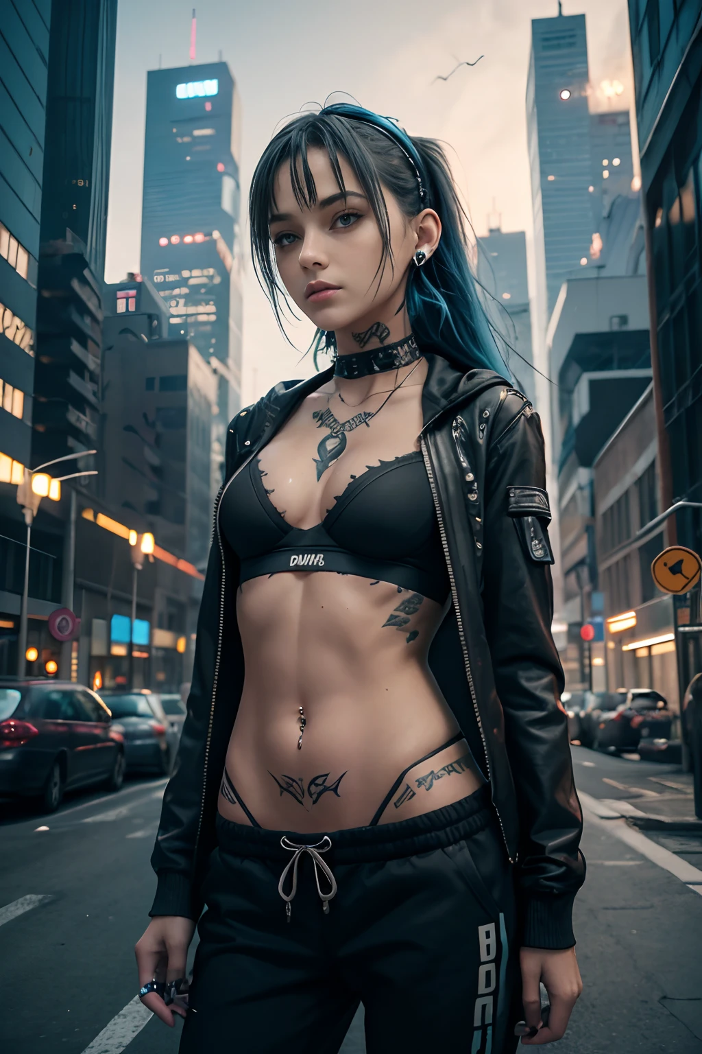 18 year old gothic girl walking around future city, sad face, black sports bra, grey jacket, black sweatpants, clean skin, super skinny, very detailed, detailed face, long blue hair, rachel cook, dynamic camera, long torso, tanned skin, headphones, cyberpunk city landscape, skyscrapers, dark night, stars, colored lighting, (symetrical tattooed torso, tattoos, scars, cuts, piercings: 1.8), camera from below, hopeless atmosphere,