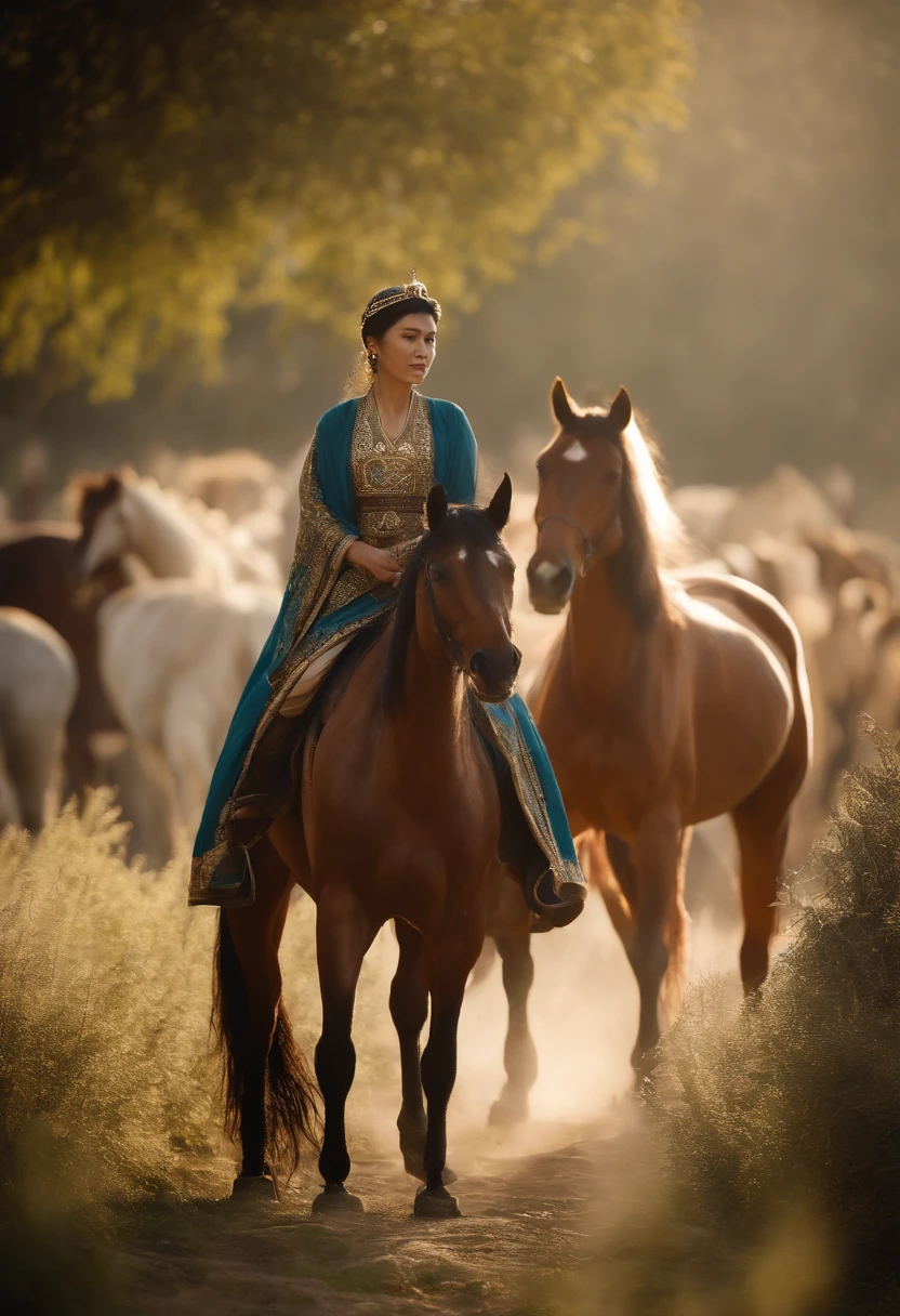 "Illustrate Khutulun's impressive collection of 10,000 horses. Showcase the vastness of her equestrian wealth, with attention to detail in the horses and the landscape. --ar 3:4 --q 1 --stylize 500"