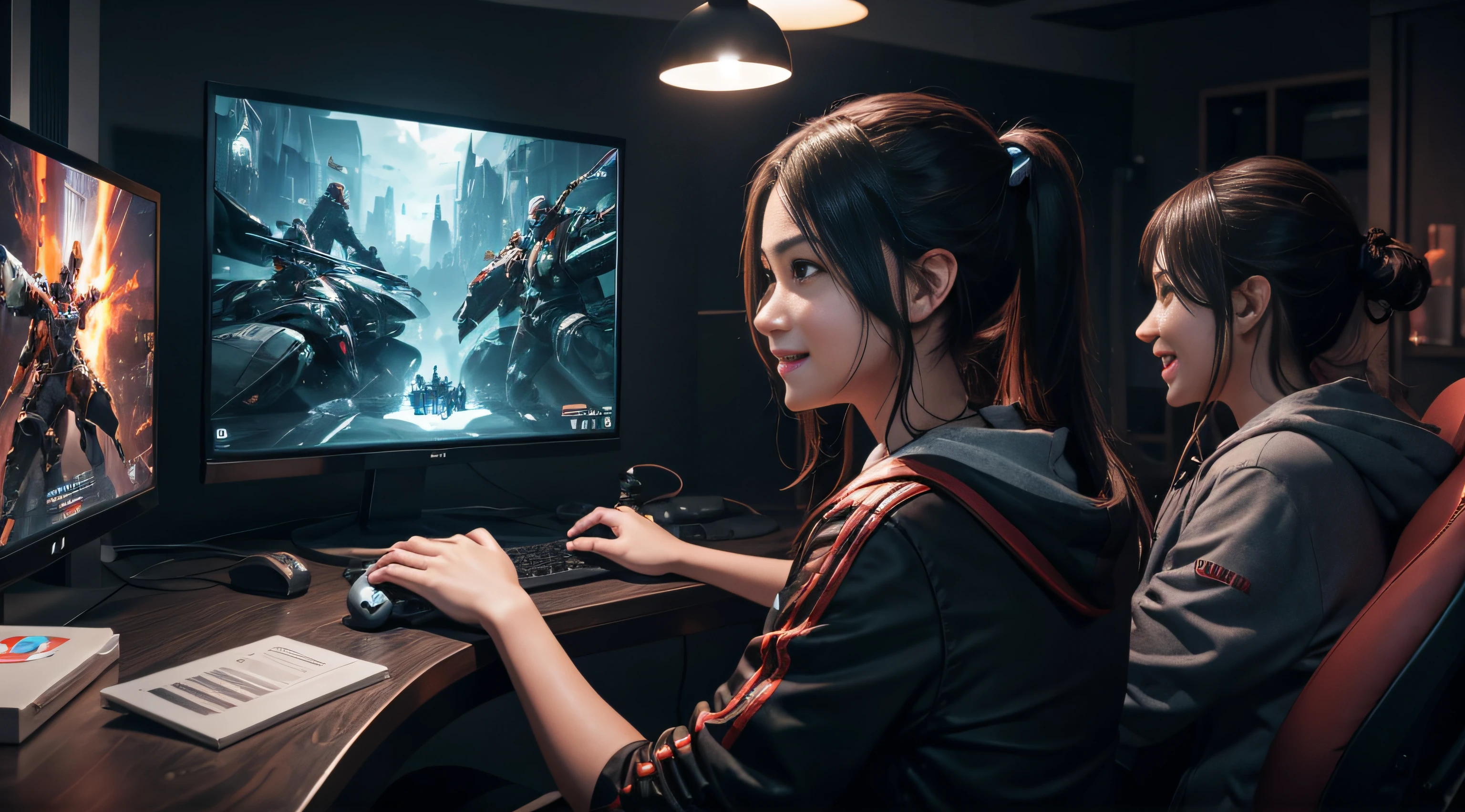 A man finds himself in front of his gaming computer, immersed in the gameplay of his favorite game, showing an expression of pure fun and enthusiasm. She is engaged in the game, her eyes shining with excitement, expressing joy and intense concentration as she enjoys the experience. Her gestures reflect her interaction with the game, conveying an atmosphere of pure fun and immersion in the virtual adventure.