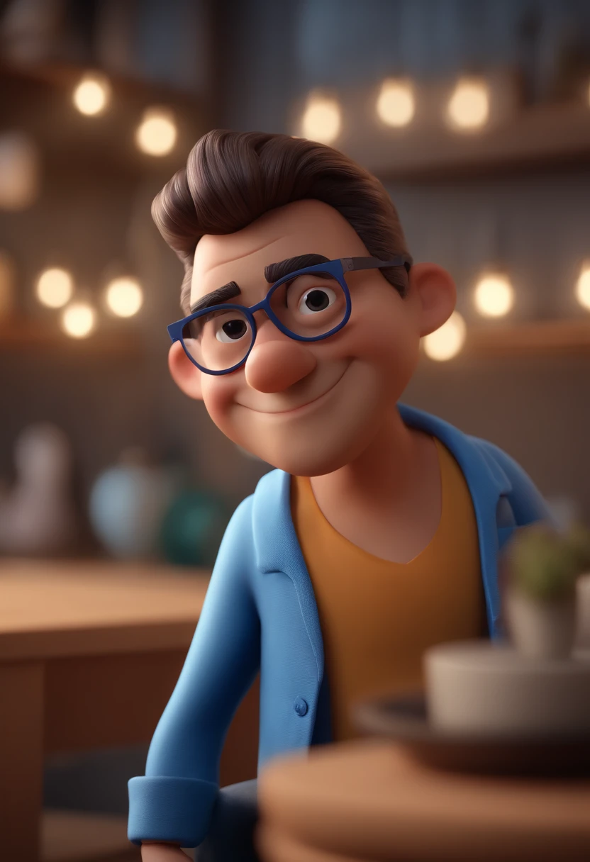 Cartoon character of a man with black glasses and a blue shirt, animation character, Caractere estilizado, animation style rendering, 3D estilizado, Arnold Maya render, 3 d render stylized, toon render keyshot, Personagem 3D, Personagem 3D, 3d rendering stylized, 3 d character render, personagem de desenho animado, Personagem de close up, Pose de personagem,  (Estilo Pixar) (master part:1.2) (Bokeh) (best quality) (pele detalhada) (textura detalhada) (8k) (argila) (Cinematic lighting) (foco nítido