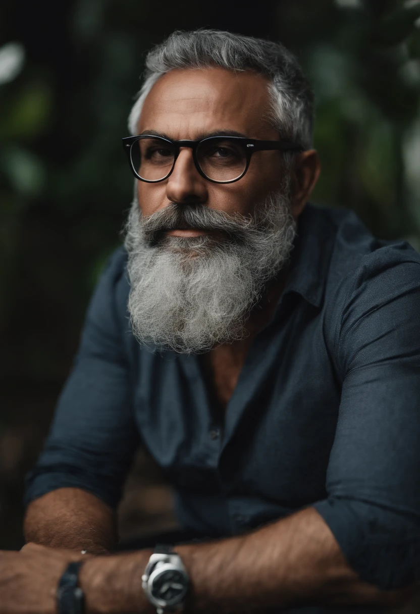 Homem 40 anos, careca, gordinho, Wearing glasses and a gray beard