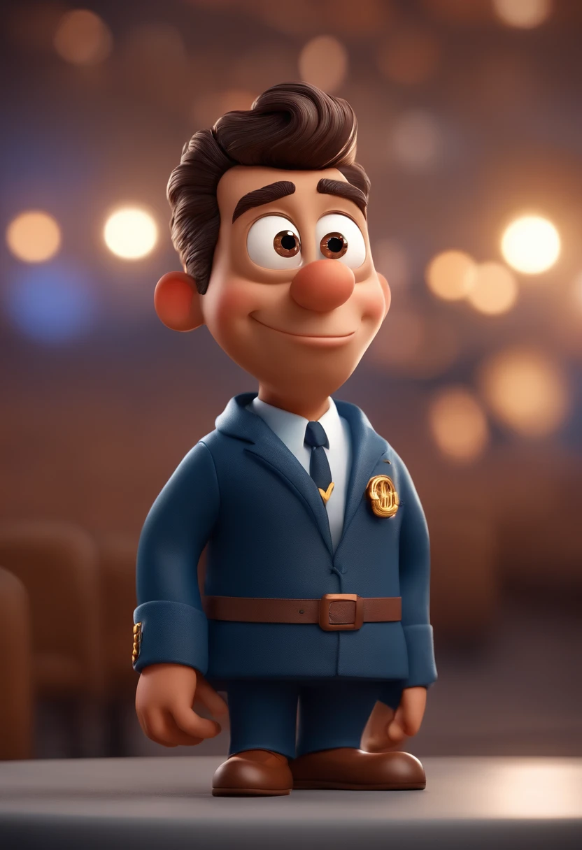 The character is a 40-year-old man, 90 quilos, rosto redondo, barba rala e baixa branca, cabelo preto baixo e curto com entrada na testa, de terno preto e gravata, Holding a microphone in one hand 'cause he's a master of ceremonies, de lado e olhando para a frente, animation character, Caractere estilizado, animation style rendering, 3D estilizado, Arnold Maya render, 3 d render stylized, toon render keyshot, Personagem 3D, Personagem 3D, 3d rendering stylized, 3 d character render, personagem de desenho animado, Personagem de close up, Pose de personagem, (Estilo Pixar) (master part:1.2) (Bokeh) (best quality) (pele detalhada) (textura detalhada) (8k) (argila) (Cinematic lighting) (foco nítido