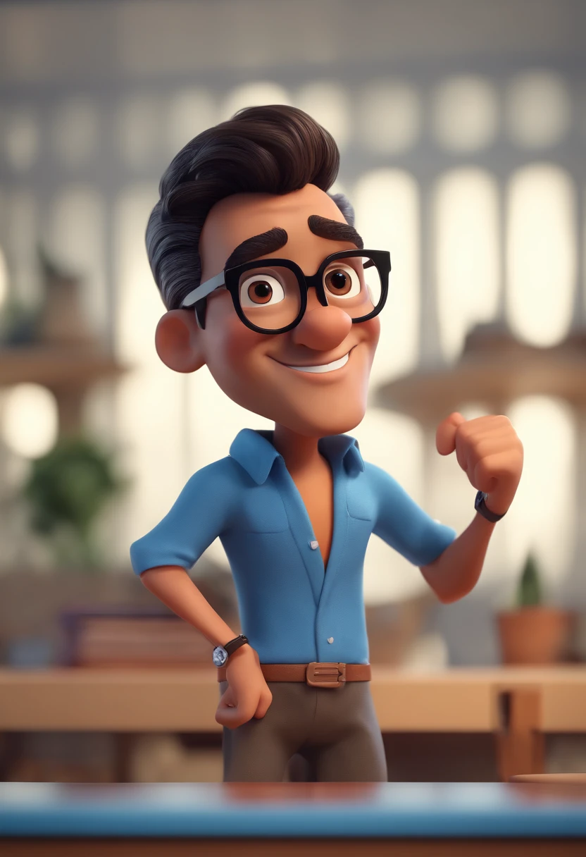 Cartoon character of a man with black glasses and a blue shirt, animation character, Caractere estilizado, animation style rendering, 3D estilizado, Arnold Maya render, 3 d render stylized, toon render keyshot, Personagem 3D, Personagem 3D, 3d rendering stylized, 3 d character render, personagem de desenho animado, Personagem de close up, Pose de personagem, (Estilo Pixar) (master part:1.2) (Bokeh) (best quality) (pele detalhada) (textura detalhada) (8k) (argila) (Cinematic lighting) (foco nítido