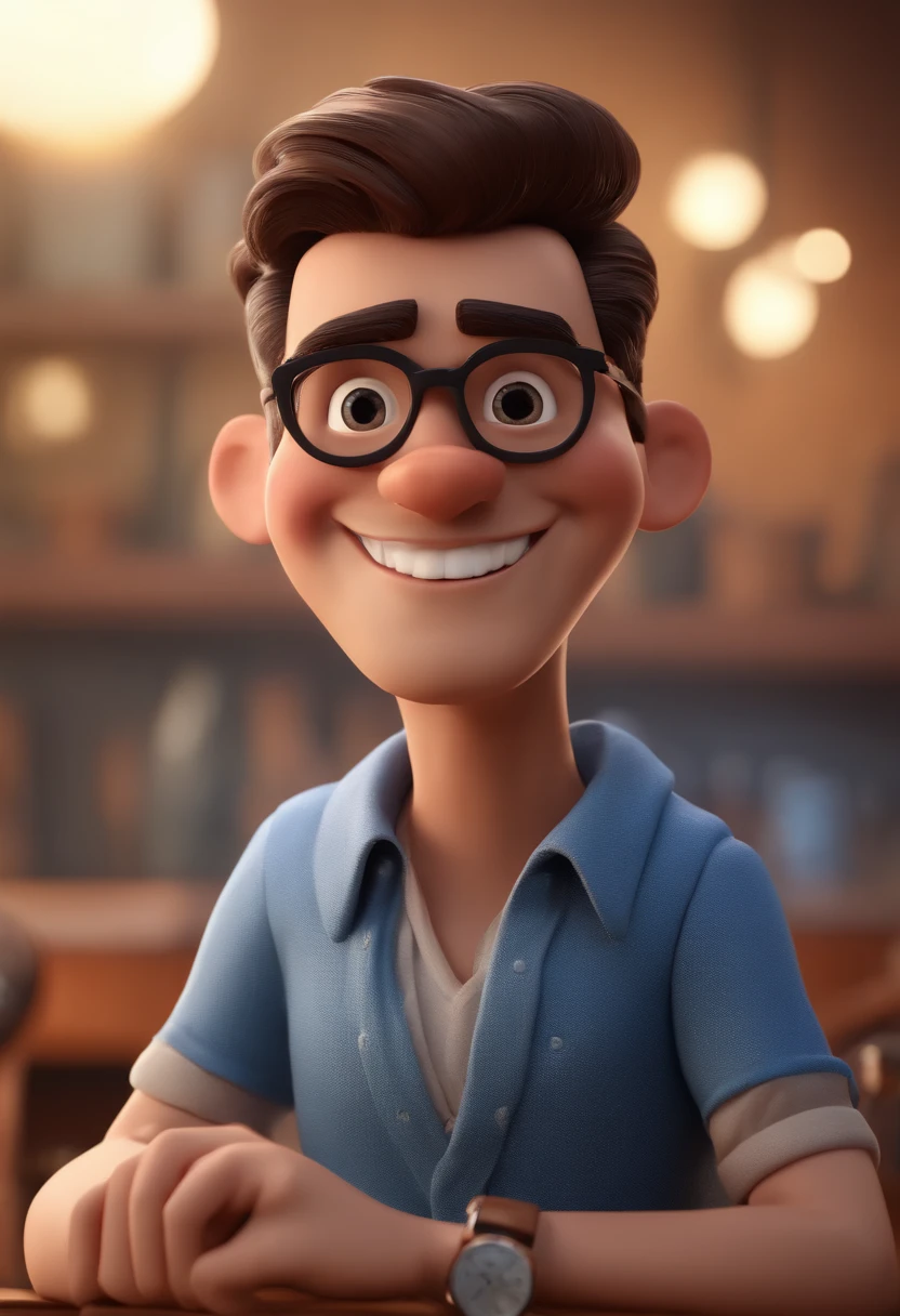 Cartoon character of a man with black glasses and a blue shirt, animation character, Caractere estilizado, animation style rendering, 3D estilizado, Arnold Maya render, 3 d render stylized, toon render keyshot, Personagem 3D, Personagem 3D, 3d rendering stylized, 3 d character render, personagem de desenho animado, Personagem de close up, Pose de personagem,  (Estilo Pixar) (master part:1.2) (Bokeh) (best quality) (pele detalhada) (textura detalhada) (8k) (argila) (Cinematic lighting) (foco nítido