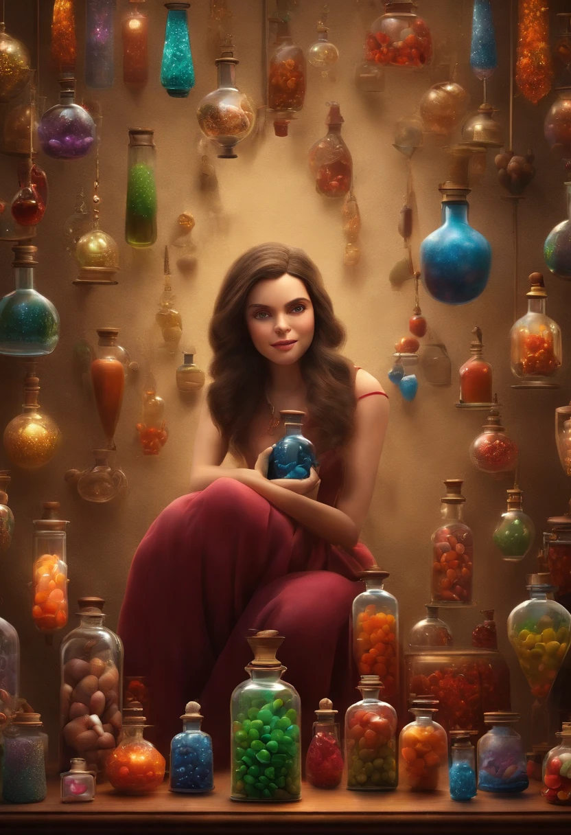 A collector of ideas inspired by Pixar animation, de perto. She is surrounded by a collection of magic vials, each containing a unique idea. The focus is on the character, with a captivating facial expression, Against a backdrop of shimmering, cores efervescentes.