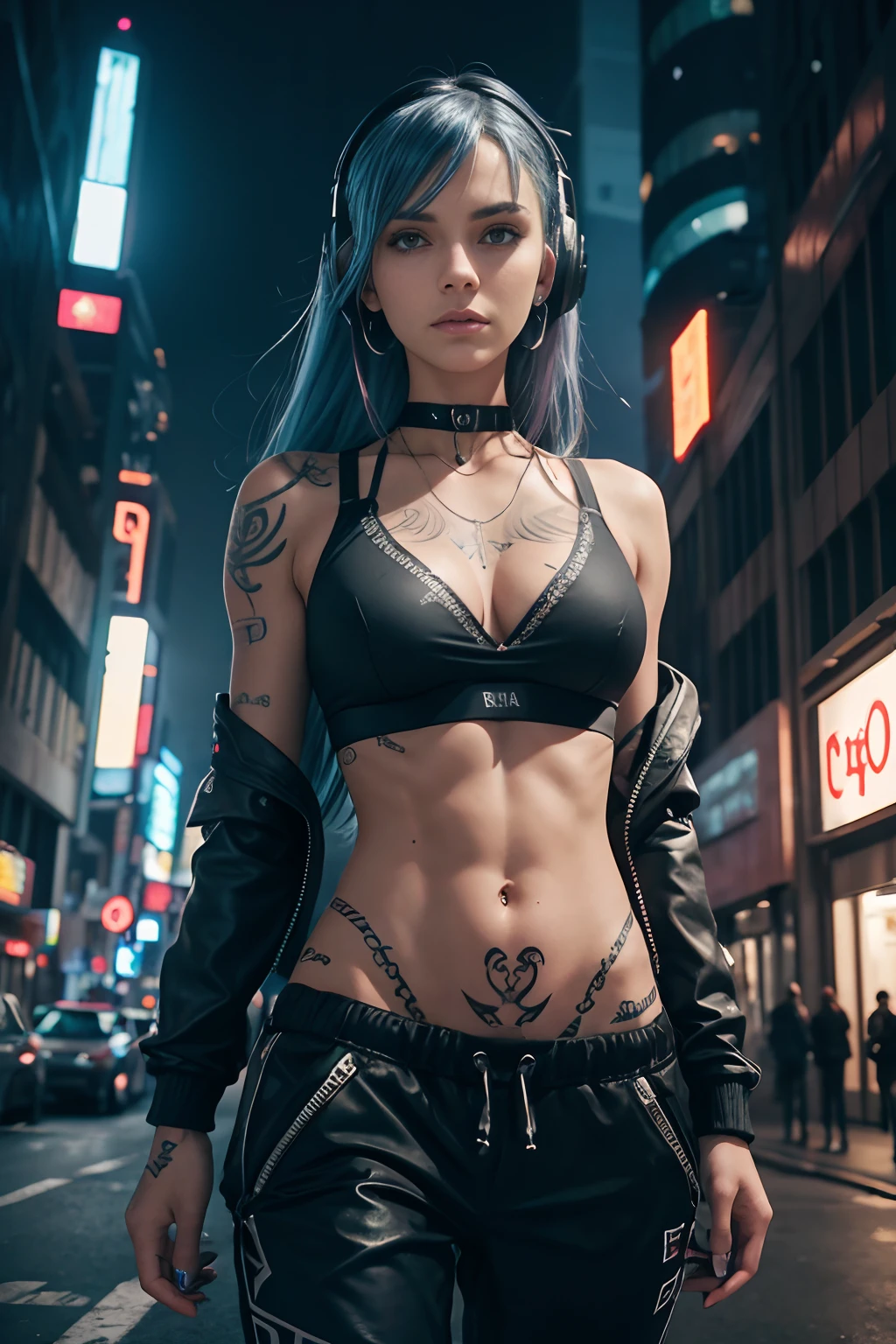 18 year old gothic girl walking around future city, sad face, black sports bra, grey jacket, black sweatpants, clean skin, super skinny, abs, ribs, very detailed, detailed face, long blue hair, rachel cook, dynamic camera, long torso, tanned skin, headphones, cyberpunk city landscape, skyscrapers, dark night, stars, colored lighting, (symetrical tattooed torso, large tattoo, piercings: 1.8), camera from below, hopeless atmosphere,