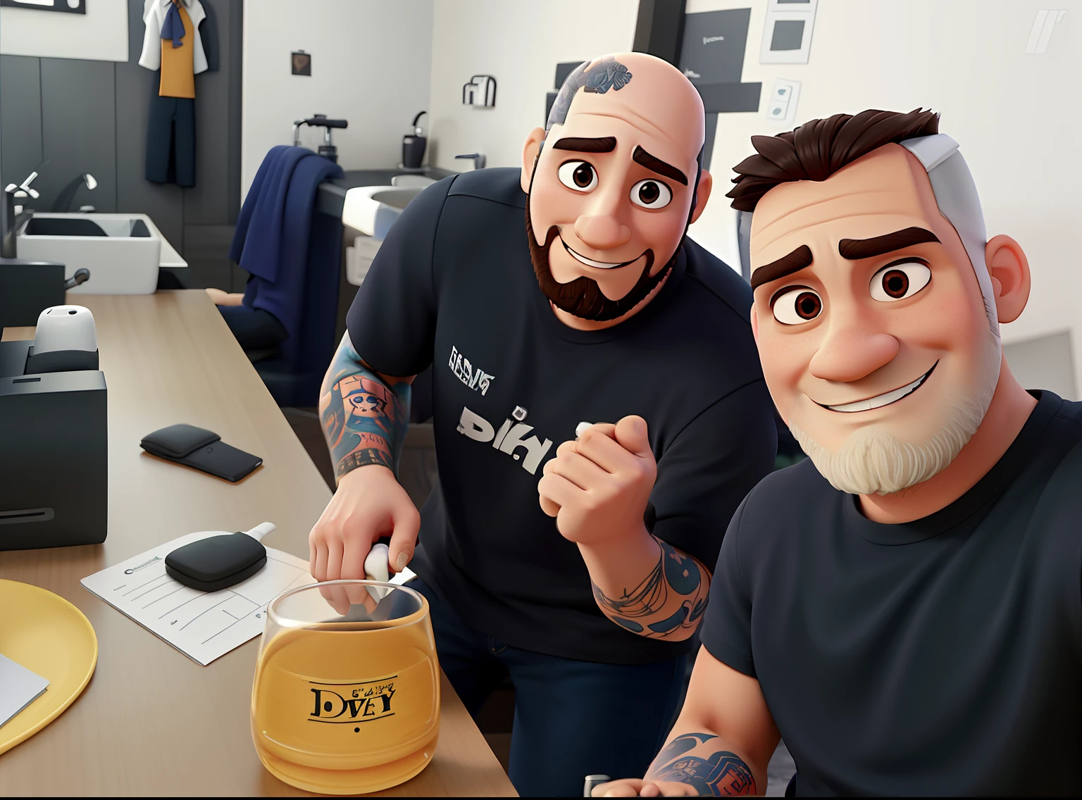 dois homens brancos com camisa preta com um logotipo escrito "SKELT" no lado direito da camisa, One is a bit bald with a bit of a beard and the other has hair but shaved off the Disney Pixar style side, alta qualidade, melhor qualidade.
