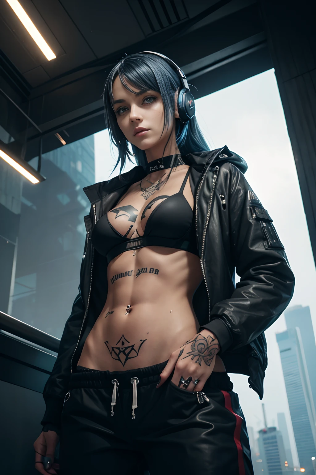 18 year old gothic girl walking around future city, sad face, black sports bra, grey jacket, black sweatpants, clean skin, super skinny, abs, ribs, very detailed, detailed face, long blue hair, rachel cook, dynamic camera, long torso, tanned skin, headphones, cyberpunk city landscape, skyscrapers, dark night, stars, colored lighting, (symetrical tattooed torso, large tattoo, piercings: 1.8), camera from below, hopeless atmosphere,