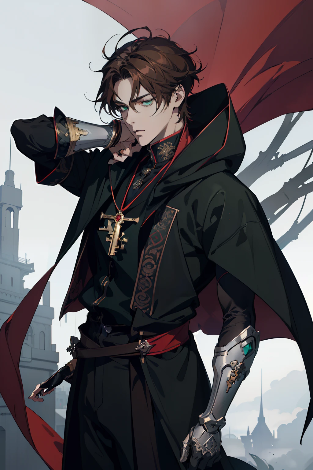 anime drawing of a man Regal , 2 d anime style, male anime style, male anime character, anime style character, delicate, in an anime style, he masterpiece, (absurdres:1.1), best quality, extremely delicate, (beautiful face:1.1), elegant, (great composition), realistic rendering, Dungeons and Dragons, Fantasy, octane rendering, zbrush. Character design, photorealistic, unreal mechanism, hyperdetailed, concept art, trend in art season. ((best quality)), ((masterpiece)), ((realistic)), (detail anime drawing of a man Regal , 2 d anime style, male anime style, (Absurdres, Intricate Details, Masterpiece, Best Quality, High Resolution, 8k), 1 male, masculine, young, aged up, dreadful, finely detailed eyes and face, dark red short mustache hair, hazel eyes, looking down, solo, (full body:0.6), detailed background, detailed face, ( dark fantasy theme: fog, dark atmosphere, , Depth of Field, VFX. (absurdres, highres, ultra detailed vector shaded anime, full detailed beautiful masterpiece, (absurdres:1.1), best quality, extremely delicate, Victorian era badass anime drawing of a man Regal a close up dark cloak cape hood up Victorian era primary colors Black red white beautiful uniform androgynous prince, delicate androgynous prince, handsome guy in demon slayer art, anime key visual of elegant, handsome prince, tall anime guy with blue eyes, inspired by Okumura Masanobu, anime handsome man, male anime character, anime portrait of a handsome man, key anime art full body shot brown hair Green eyes solider cold look intimidating mature young regal knight FAKE RIGHT ARM PROSTHETIC