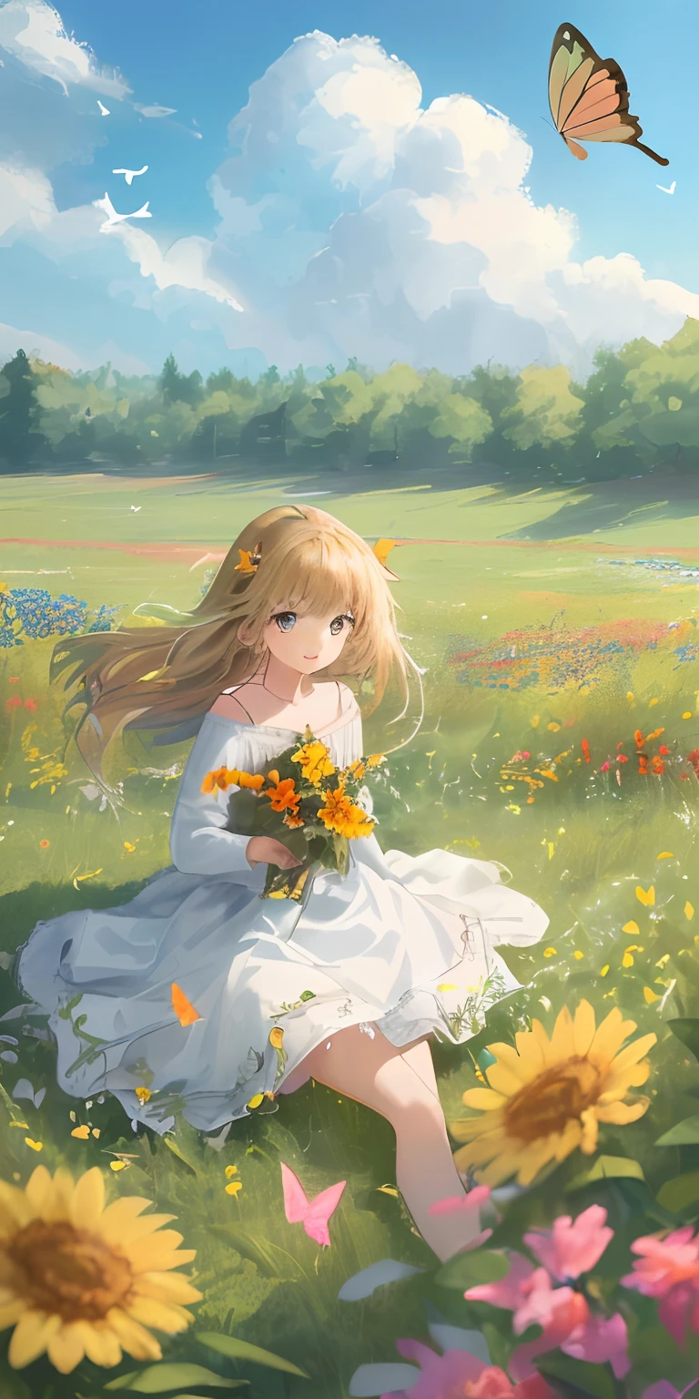 High Detail, Ultra Detail, Ultra High Resolution A cute and innocent girl is enjoying her time in an open field, surrounded by the beauty of nature, with the warm sun shining on her and wild flowers swaying gently in the breeze. Butterflies and birds flutter around her, adding to the playful atmosphere, --v6