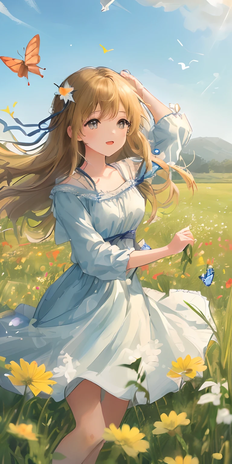 High Detail, Ultra Detail, Ultra High Resolution A cute and innocent girl is enjoying her time in an open field, surrounded by the beauty of nature, with the warm sun shining on her and wild flowers swaying gently in the breeze. Butterflies and birds flutter around her, adding to the playful atmosphere, --v6