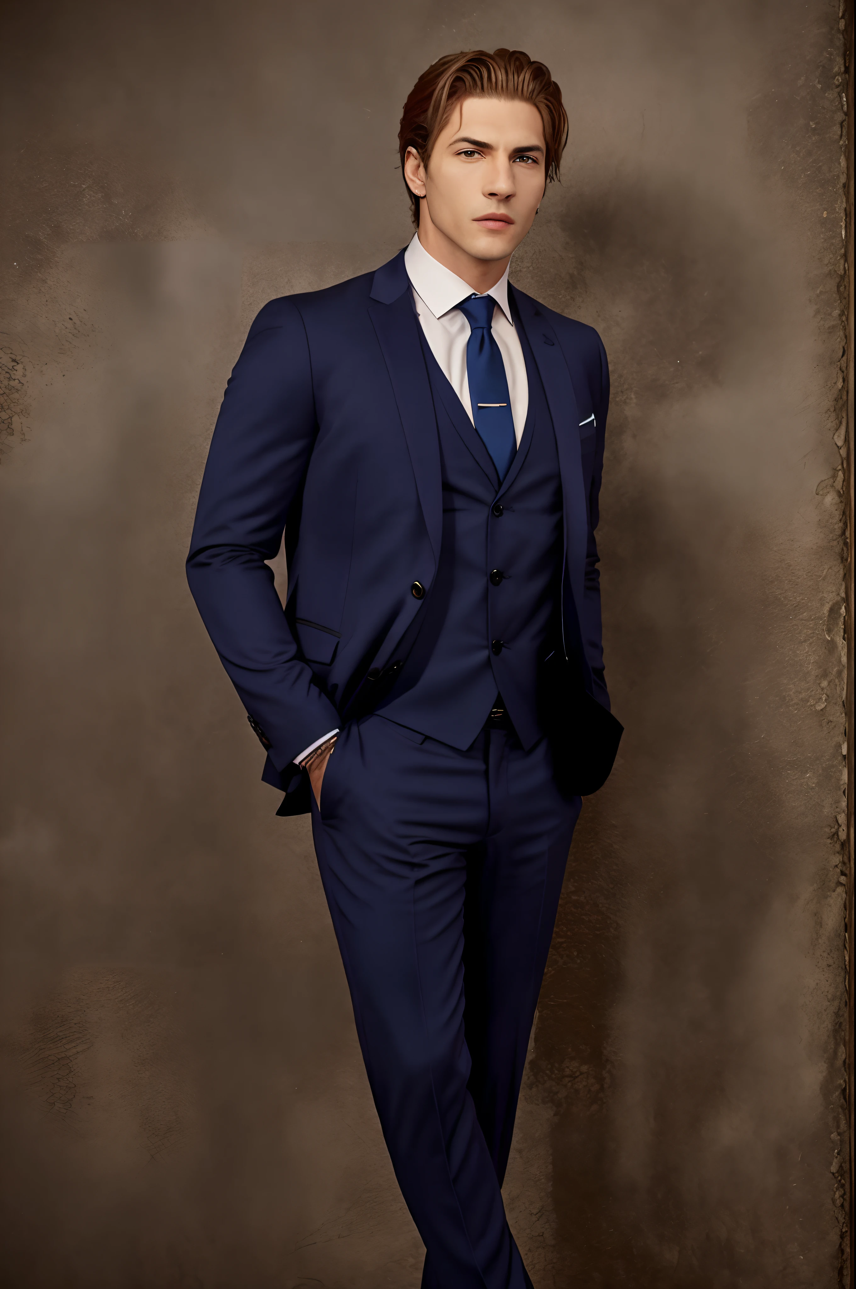 arafed man in a blue suit and tie standing in a room, a portrait inspired by Demetrios Farmakopoulos, shutterstock, renaissance, groom, handsome and elegant, handsome man, alejandro, raphael personnaz, singer maluma, wearing dark blue suit, profile shot, handsome male, wearing a stylish men's suit, wearing a tuxedo, formal attire