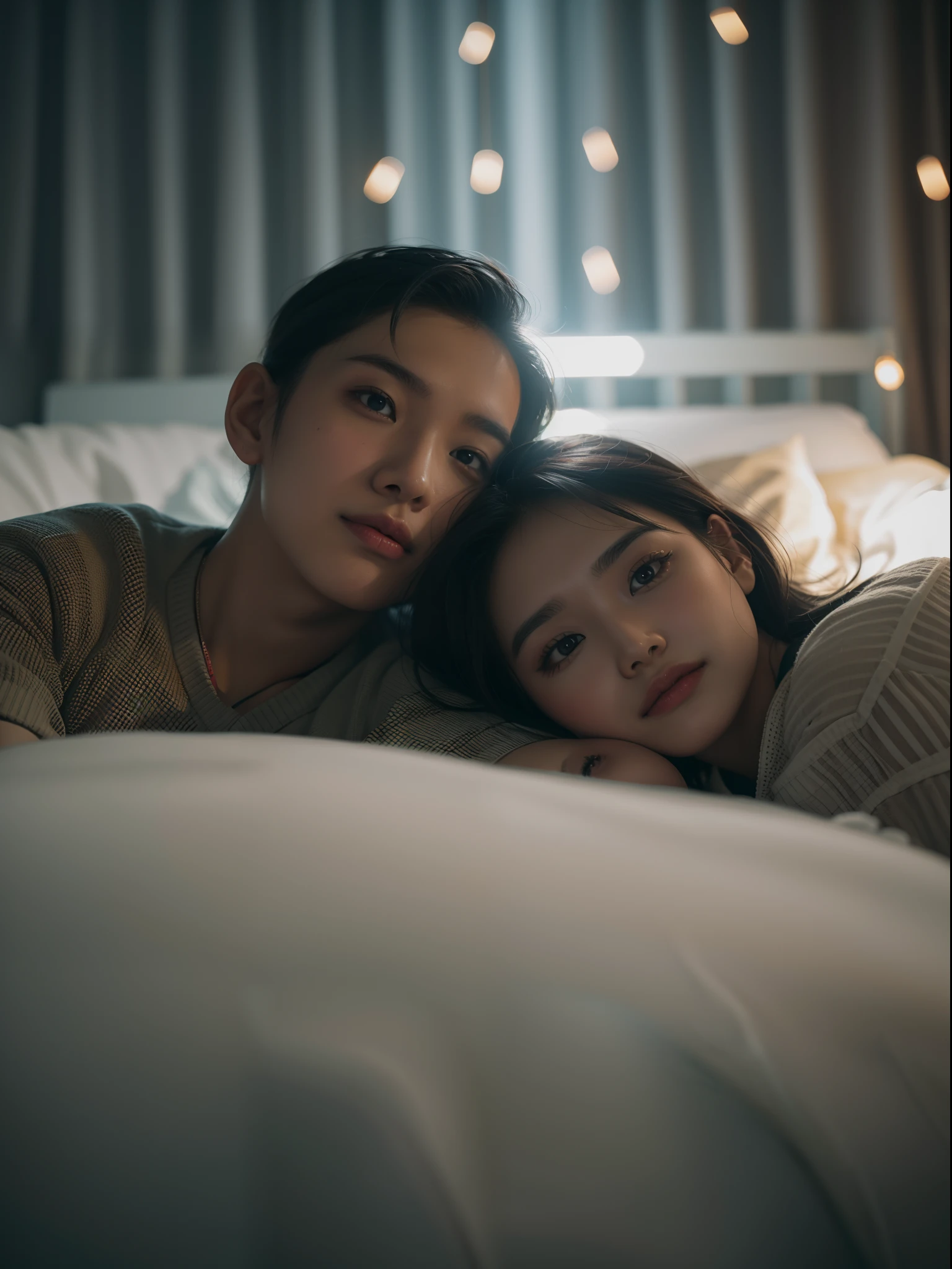 A malay couple hugging and lying on bed, nighttime, 35mm lense, low angle Shot, Deep Focus cinematography effect, Natural Lighting, cool-toned color grading, high quality, ultra detail, 8k resolution, using Canon EOS C700,