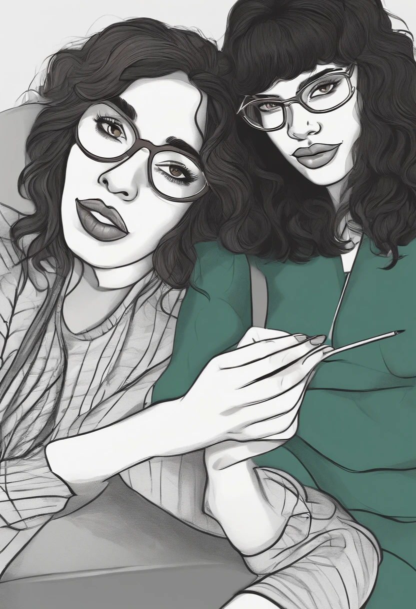 An illustration of two partners of a design studio, destaque para uma mulher mais baixa, com cabelo comprido loiro, piercing no nariz, descolada, photographer, sobrancelhas marcadas, lips drawn and using iPad and another woman with long wavy dark brown hair, olhos castanhos, round glasses, descolada, graphic designer, trabalha com MacBook. Illustrate this scene from a perspective where they are facing the camera, Smiling and working in a clean and creative office, com plantas verdes . Develop this art and focus on your cinematic touch, Estilo Disney Pixar Animations
