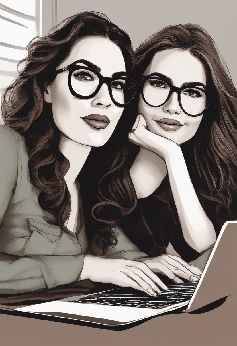 An illustration of two partners of a design studio, destaque para uma mulher mais baixa, com cabelo comprido loiro, piercing no nariz, descolada, photographer, sobrancelhas marcadas, lips drawn and using iPad and another woman with long wavy dark brown hair, olhos castanhos, round glasses, descolada, graphic designer, trabalha com MacBook. Illustrate this scene from a perspective where they are facing the camera, Smiling and working in a clean and creative office, com plantas verdes . Develop this art and focus on your cinematic touch, Estilo Disney Pixar Animations