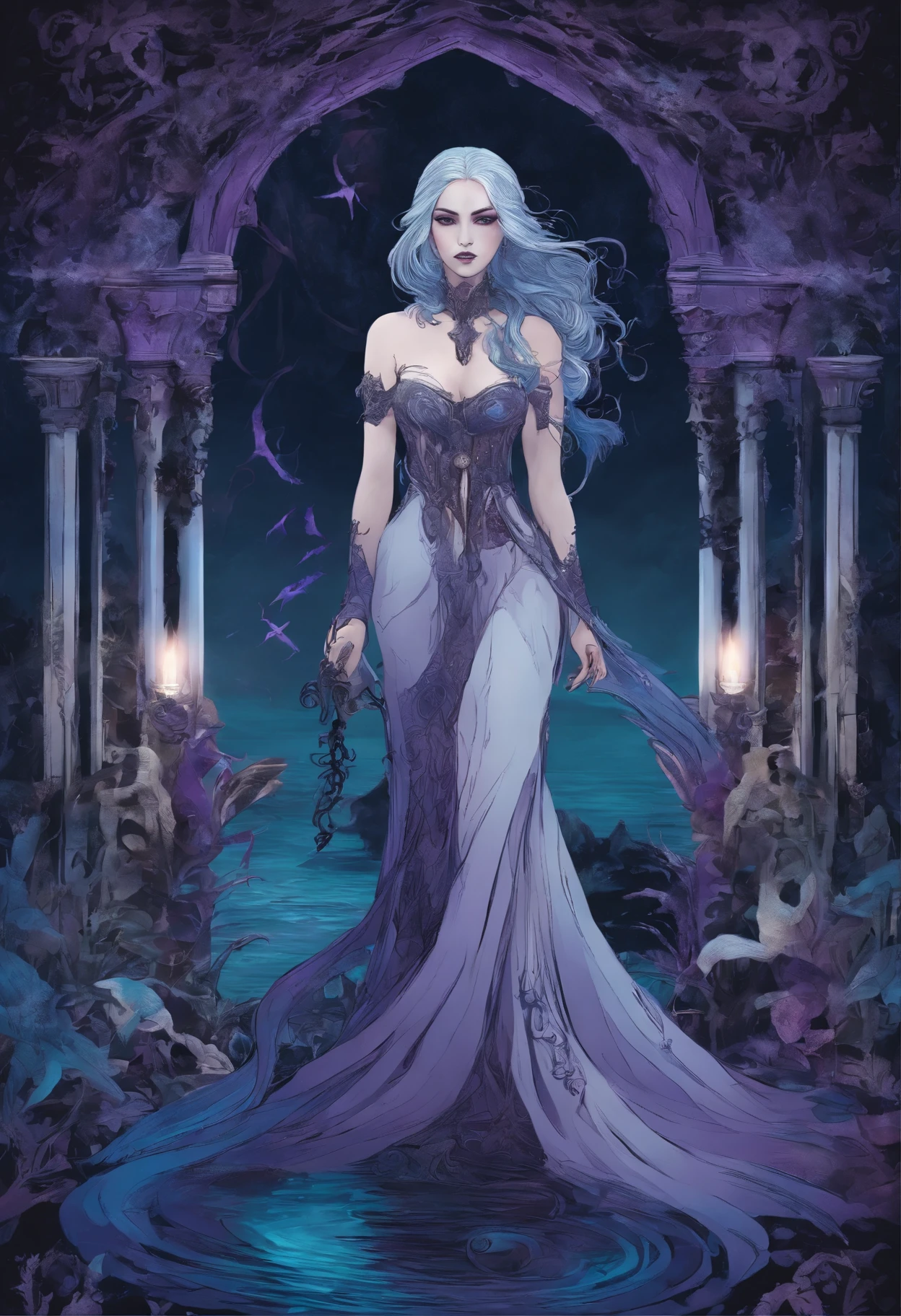 a thalassic setting, a dark and deep sea, dark plants with purple lights. Wandering in this sea, a female figure, a mermaid, white skin, dark and ethereal blue hair, light and long clothes, holding a black staff, with a small purple flame at its tip.