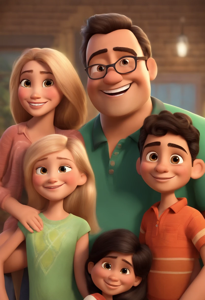 A pixar style poster of a family with two fathers and a daughter. A father has little blonde hair, big blue eyes, he is 40 years old, he is very smiling. The daughter is in the middle of the photo, she has shoulder-length black hair, black almond eyes and brown skin, she is Mexican, she is 8 years old. The other father has glasses, brown eyes, black hair and a thin beard, he has light brown skin, and he is 45 years old. Everyone is smiling.