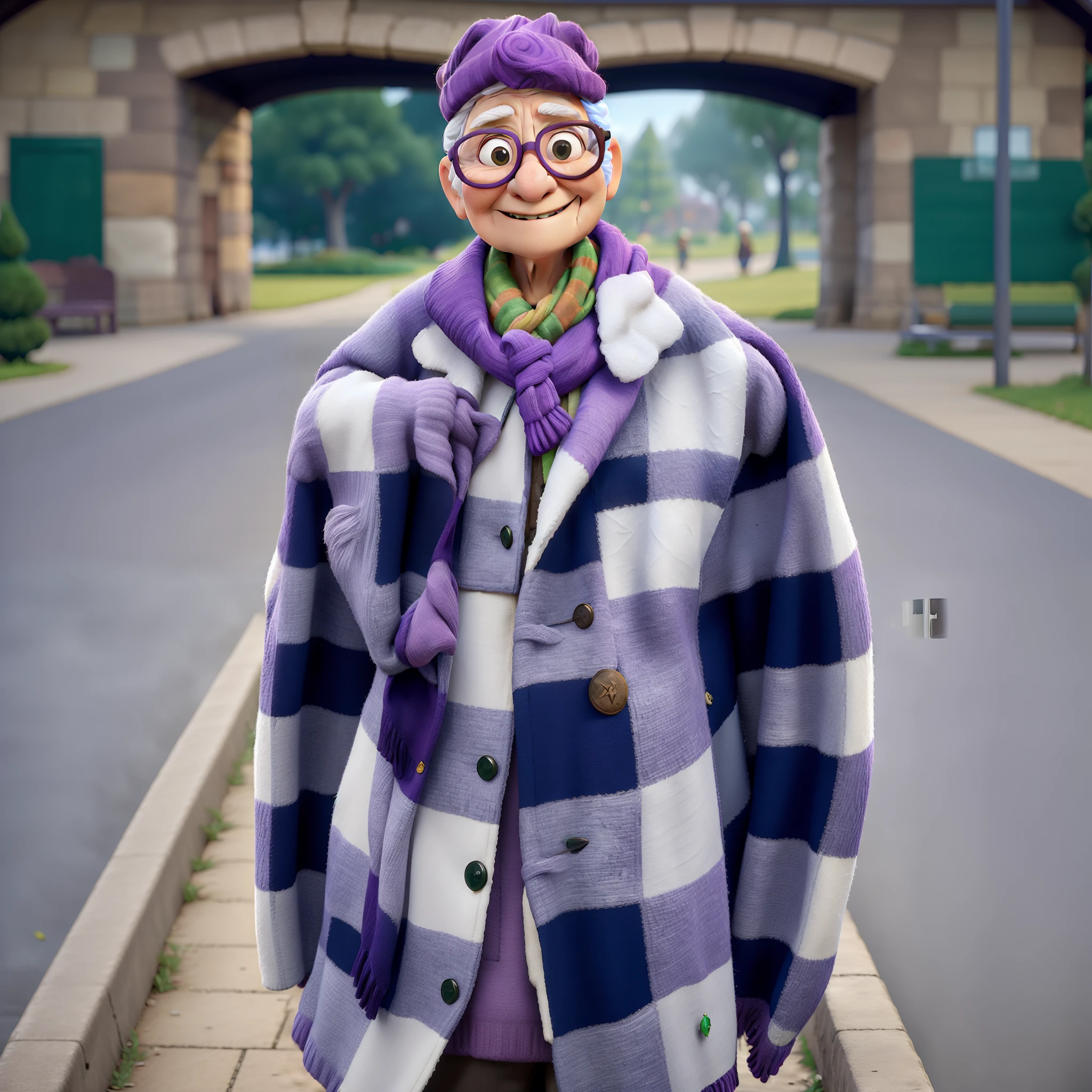 masterpiece, best quality, an old woman with glasses and a scarf on, wearing a purple coat and green scarf, standing at the park