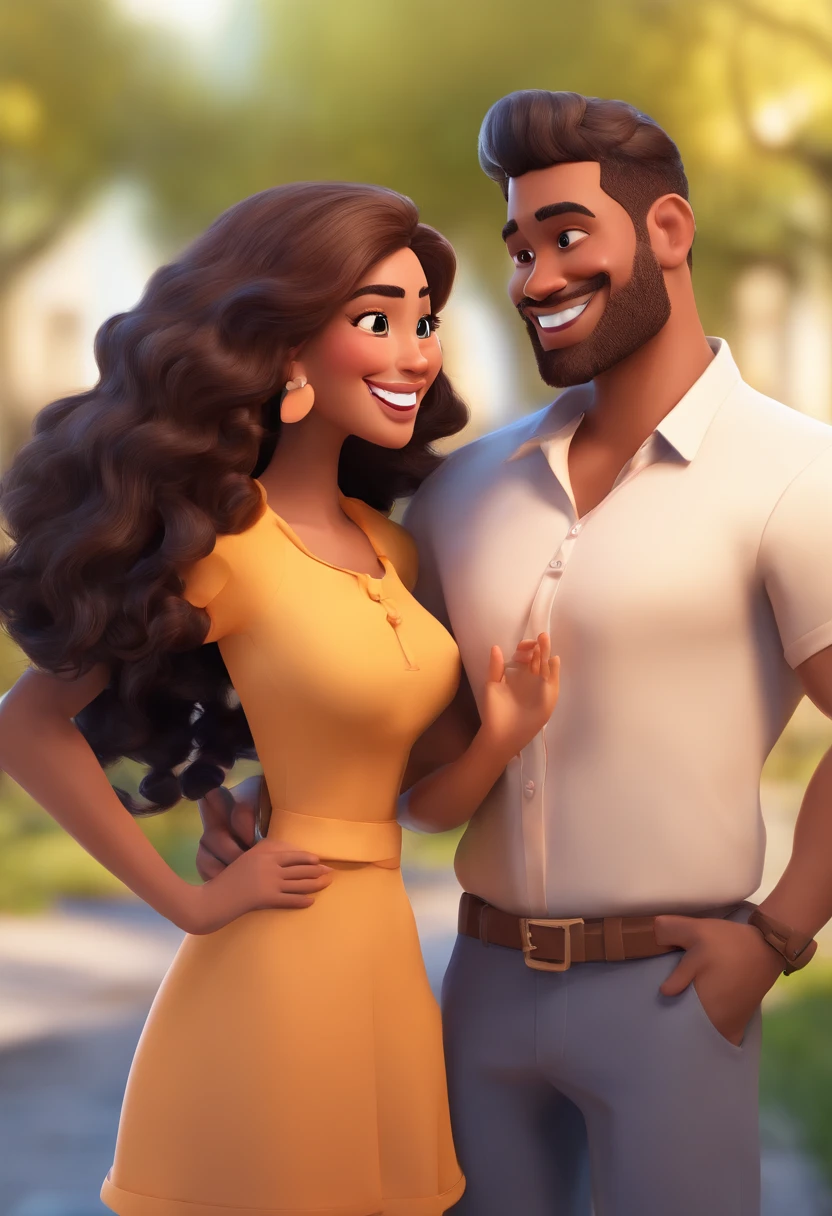 An illustration of an adorable couple, Highlight for a chubby mulatto man with glasses smiling and a brunette woman with beautiful expressive eyes - the man's skin is mulatto and the man's hair haswhile the woman's skin is black and the woman's hair is straight and brown. They are a bright room, cada um com um sorriso no rosto, e compartilhar um momento especial caracterizado pelo amor, Insights. Illustrate this scene from a perspective where they are facing the camera, Smiling and Showing Your Connection. Desenvolva esta arte em Full HD, Focus on your cinematic touch, Estilo Disney Pixar Animations