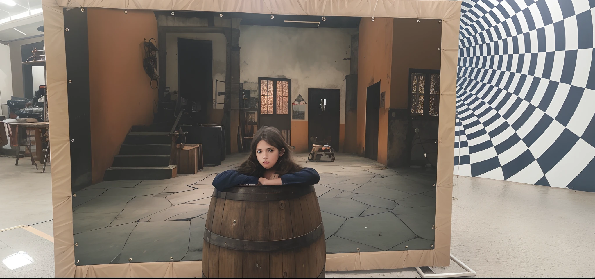 There's a woman sitting on a barrel in a room, set foto no figurino, Standing in a canteen, cenografia, no set, set de fotografia, fotografia do set no traje, Foto dos bastidores, definir foto, Nos bastidores, foto de retrato de um pano de fundo, panoramic centered view of girl, foto do cartaz, pano de fundo, Panoramic view of the girl, imagem de diorama