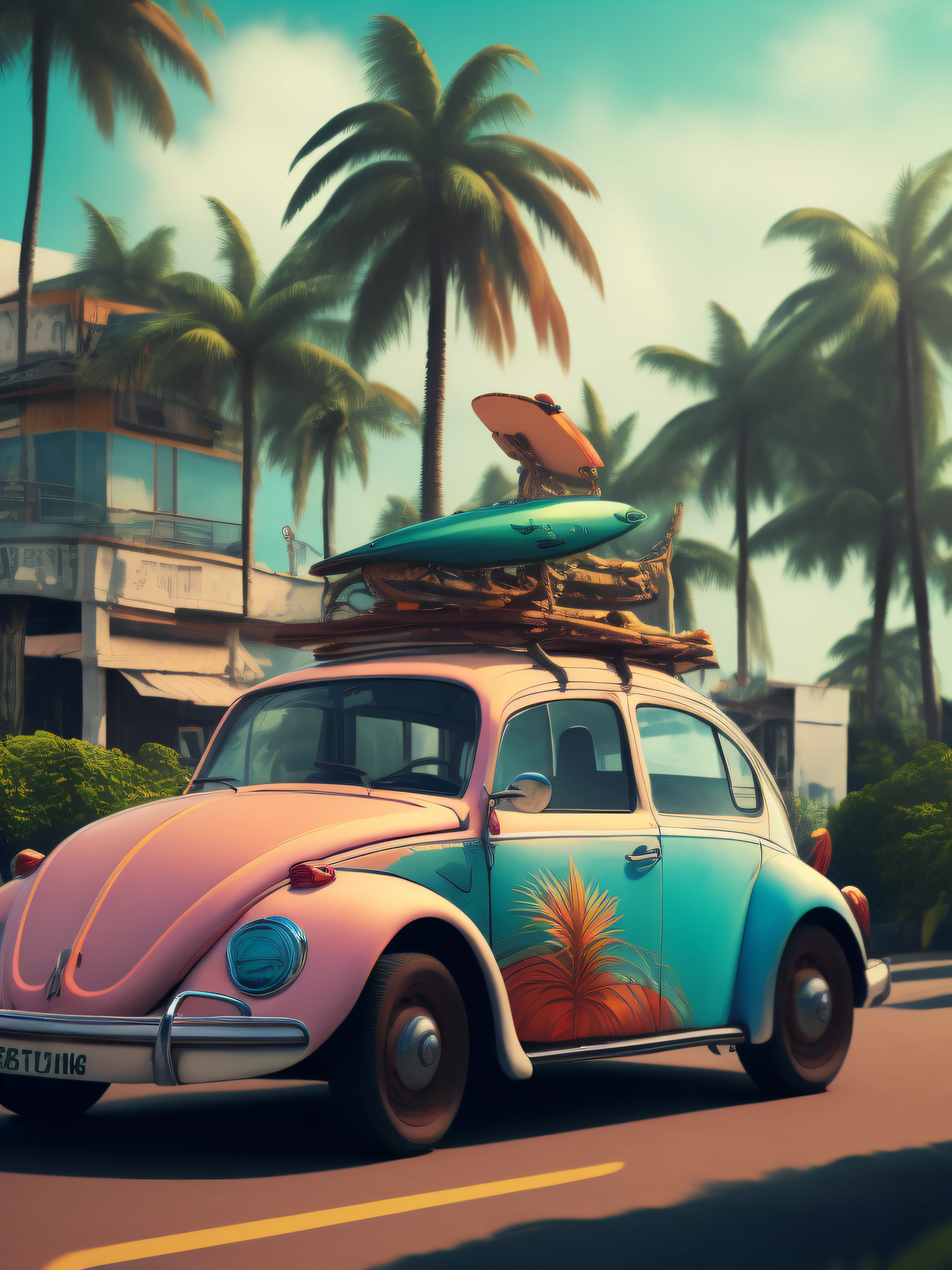 um fusca e uma kombi driving down a road in Brazil, next to a friendly giant robot by Simon Stlenhag, (best quality, 4k, highres, masterpiece:1.2), ultra-detailed, (realistic, photorealistic:1.37), HDR, UHD, professional, vivid colors, bokeh, oil painting-style, vibrant scenery, bustling atmosphere, lush greenery, tropical vibes, warm and sunny weather, clear blue sky, sunlight filtering through the trees, a sense of adventure, joyful and lively ambiance, the fusion of old and new, fusion of nature and technology, vibrant mix of colors, rusty retro vehicles, detailed car designs, shiny metallic surfaces, weathered paintwork, characteristic features of a VW Beetle and a VW Van, vintage beach vibes, surfboards strapped to the roof, surfers catching waves in the background, palm trees swaying in the breeze, friendly and welcoming locals, exotic street food stalls, tropical fruits and vibrant flavors, street art and graffiti depicting the local culture and history, bustling markets filled with traditional crafts and souvenirs, smiling faces, happy conversations, a feeling of unity and diversity, the robot walking gracefully alongside the cars, gentle movements, expressive eyes and body language, creating a sense of awe and wonder, harmonious and peaceful coexistence between humans and machines, a fusion of past, present, and future, a unique blend of nostalgia and modernity.