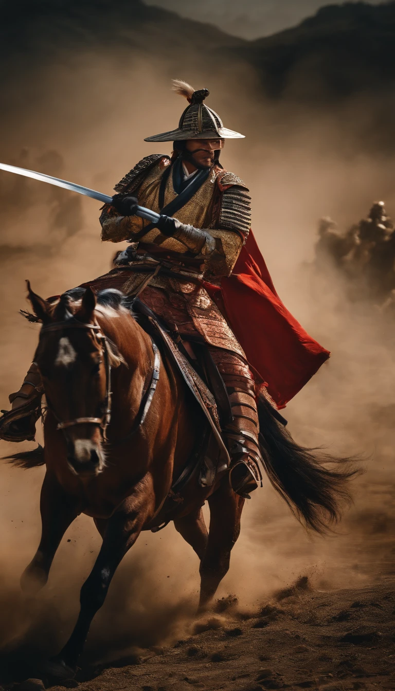 (Destacado、profissional、surreal)、samurai ao lado de seu cavalo, Scenario of war and destruction, cores quentes