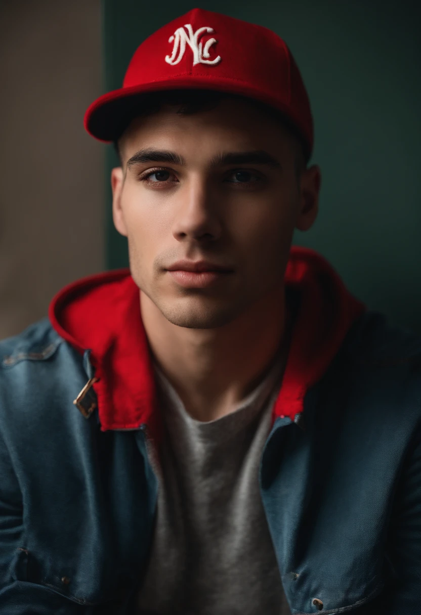 Man with a red hat sitting in front of a wall, foto de perfil headshot, em torno de 1 9 anos, halfbody headshot, 1 / 2 headshot, taken in the early 2020s, retrato de alta qualidade, 1 / 4 headshot, foto de perfil profissional, Foto de perfil, foto headshot, nice afternoon lighting, foto atraente, Brandon, cara bonita
