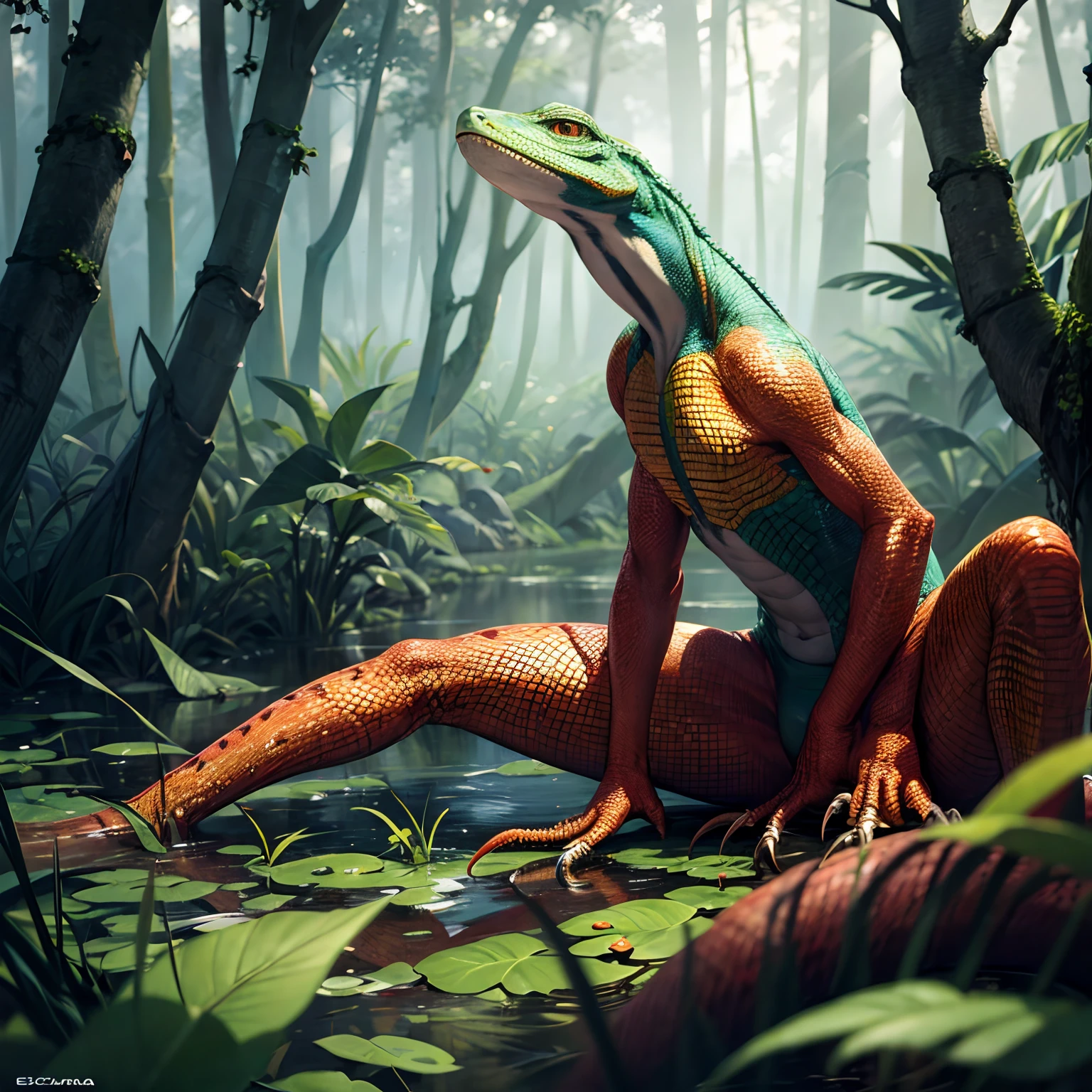 (((Masterpiece))) photo of a human-lizard hybrid, menacingly, lizard eyes, red skin, escamas no corpo, big claws, swamp forest, high detail, 8k, ultra realistic