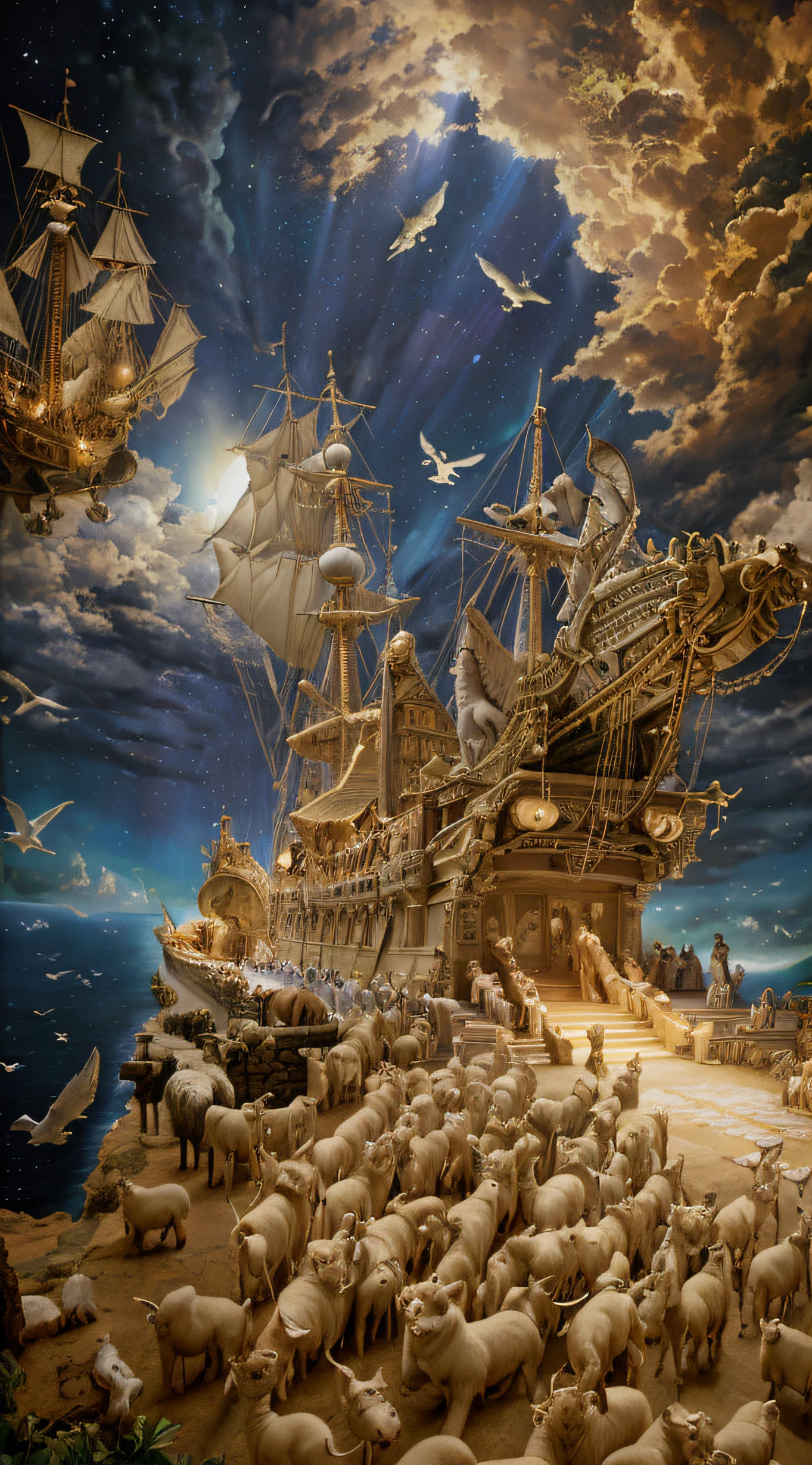 near Noah by the ark, Cielo oscuro y muchos animales alrededor del arca, ultrarrealista