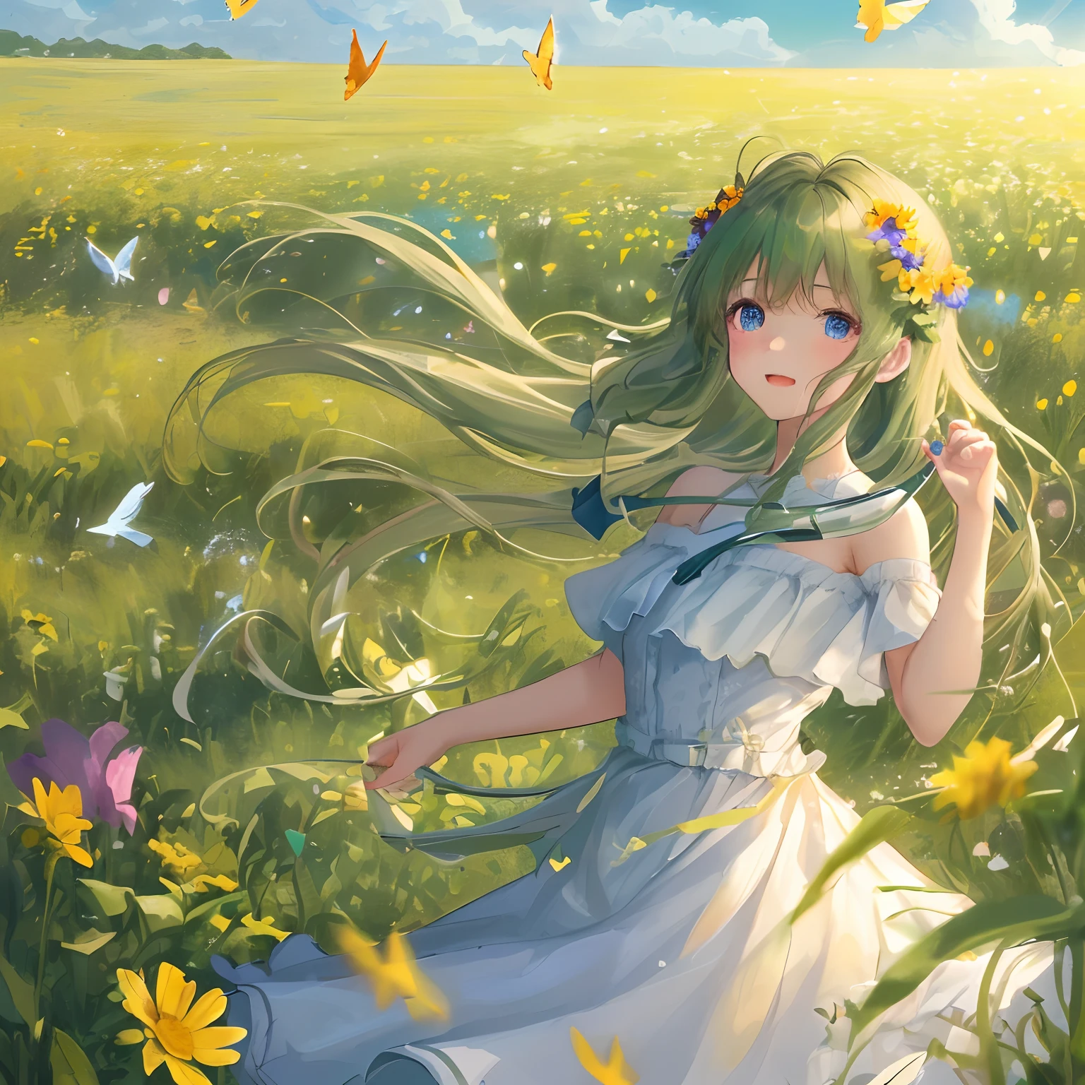 High Detail, Ultra Detail, Ultra High Resolution A cute and innocent girl is enjoying her time in an open field, surrounded by the beauty of nature, with the warm sun shining on her and wild flowers swaying gently in the breeze. Butterflies and birds flutter around her, adding to the playful atmosphere, --v6