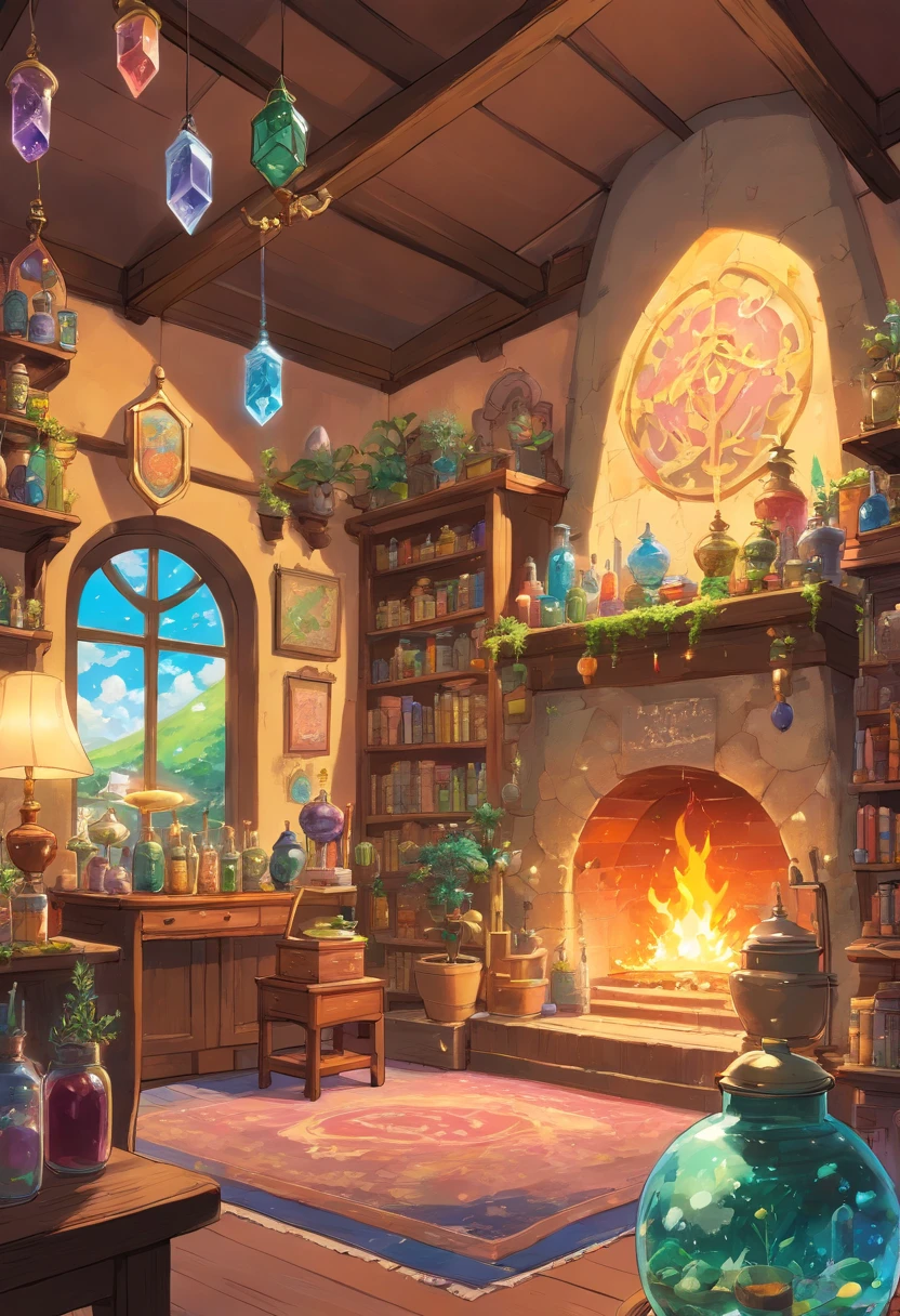 Living room with magic potions, crystals, herbs, incense, books