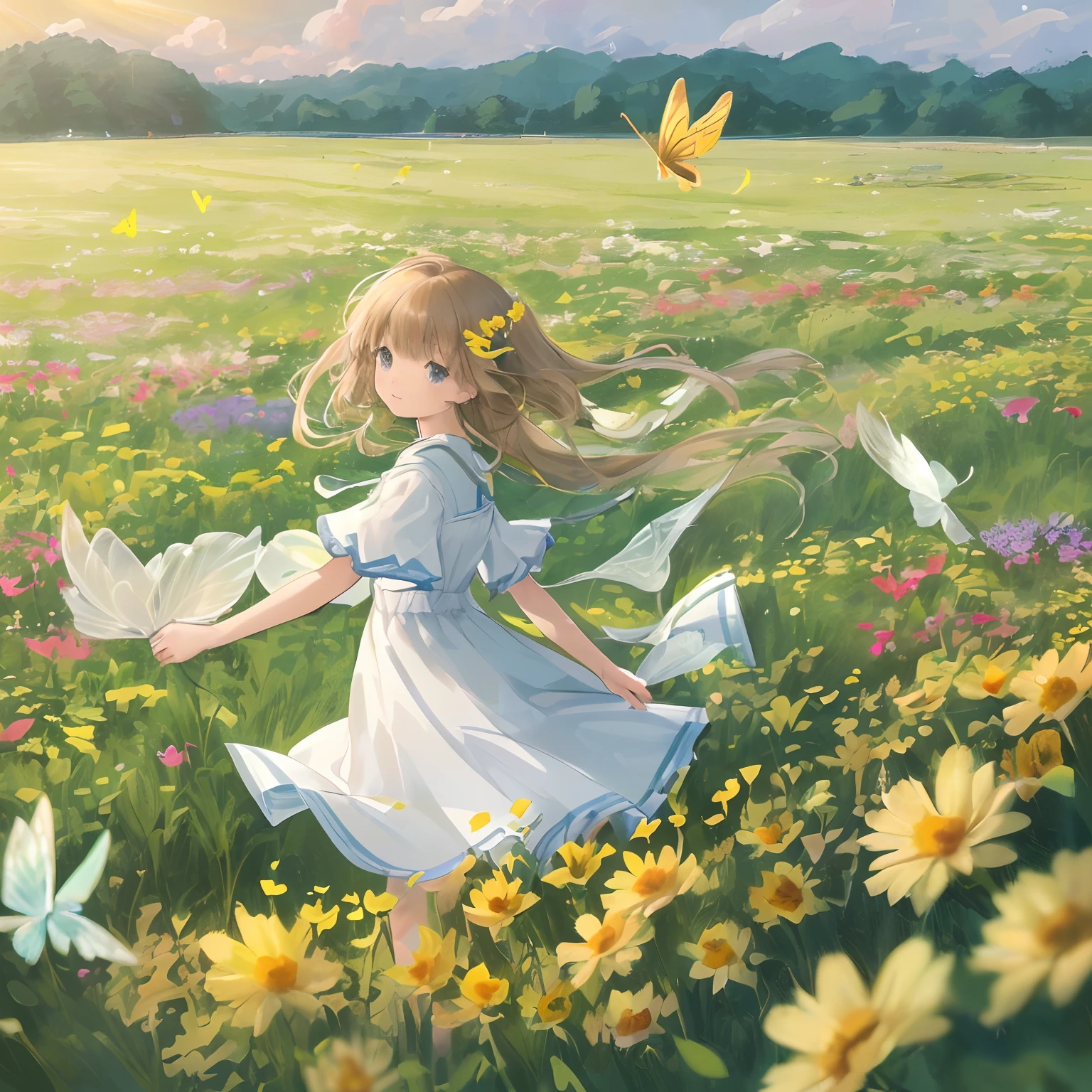 High Detail, Ultra Detail, Ultra High Resolution A cute and innocent girl is enjoying her time in an open field, surrounded by the beauty of nature, with the warm sun shining on her and wild flowers swaying gently in the breeze. Butterflies and birds flutter around her, adding to the playful atmosphere, --v6