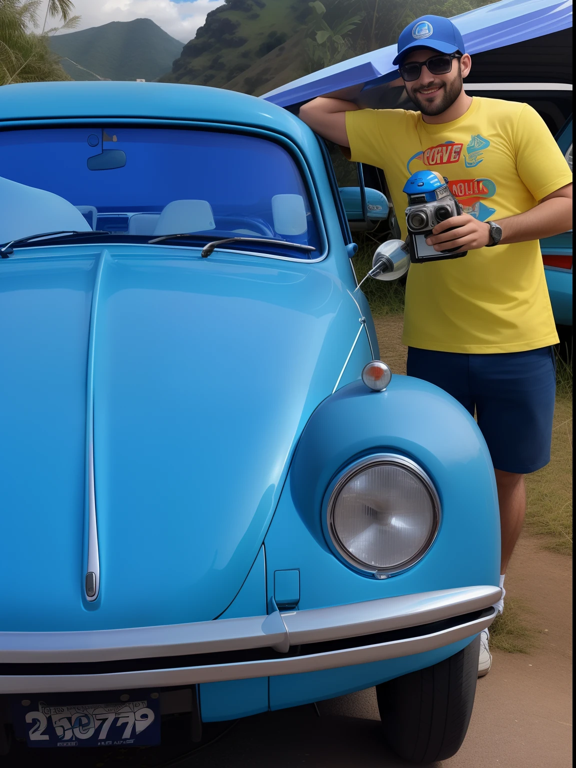 Arafed man next to a blue car with a camera, Inspirado no besouro, besouro, album photo, cara nostalgia e pequena criatura, friendly guy and small creature, 2019, 2 0 1 9, por Dicky Doyle, imagem do avatar, que!, muitos detalhes, perfil frontal, Foto POV, impossivelmente detalhado